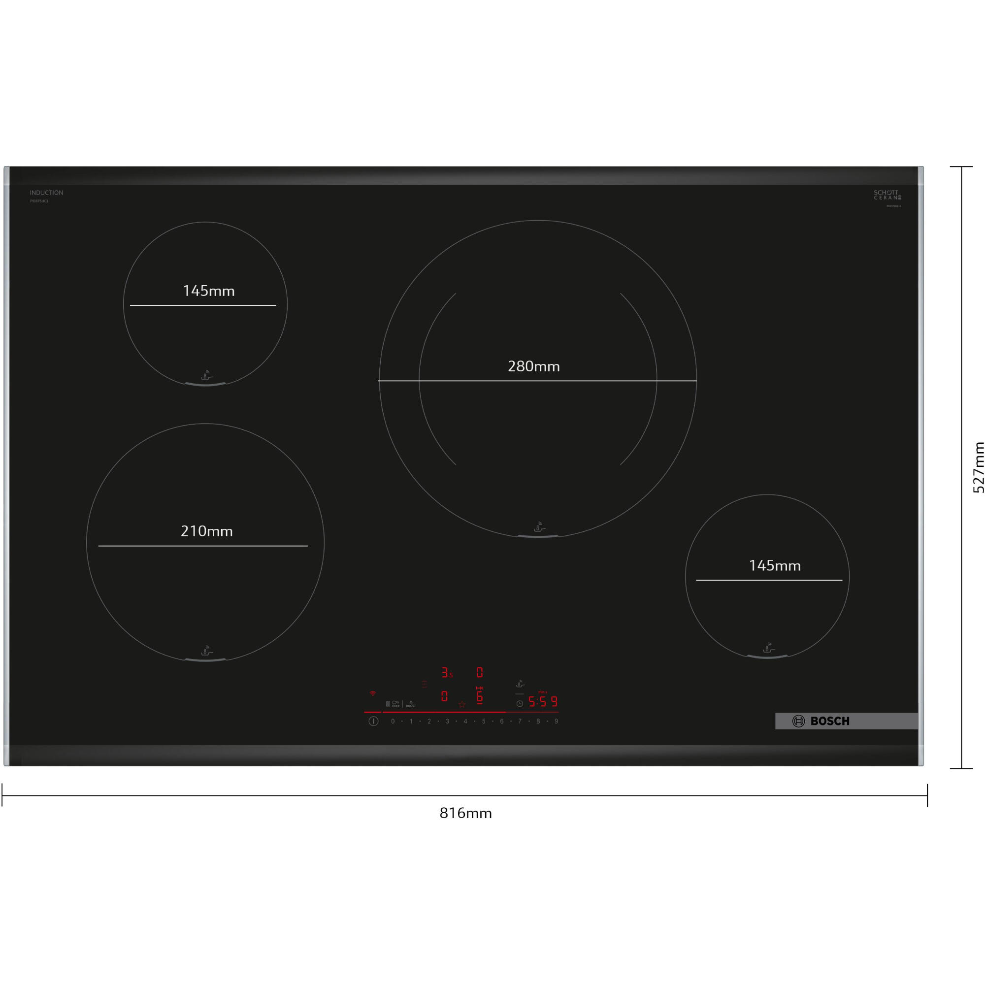 placa de induccion bosch pie875hc1e con 4 zonas de coccion zona grande de 28cm y zona flex 7400 w negro 82cm