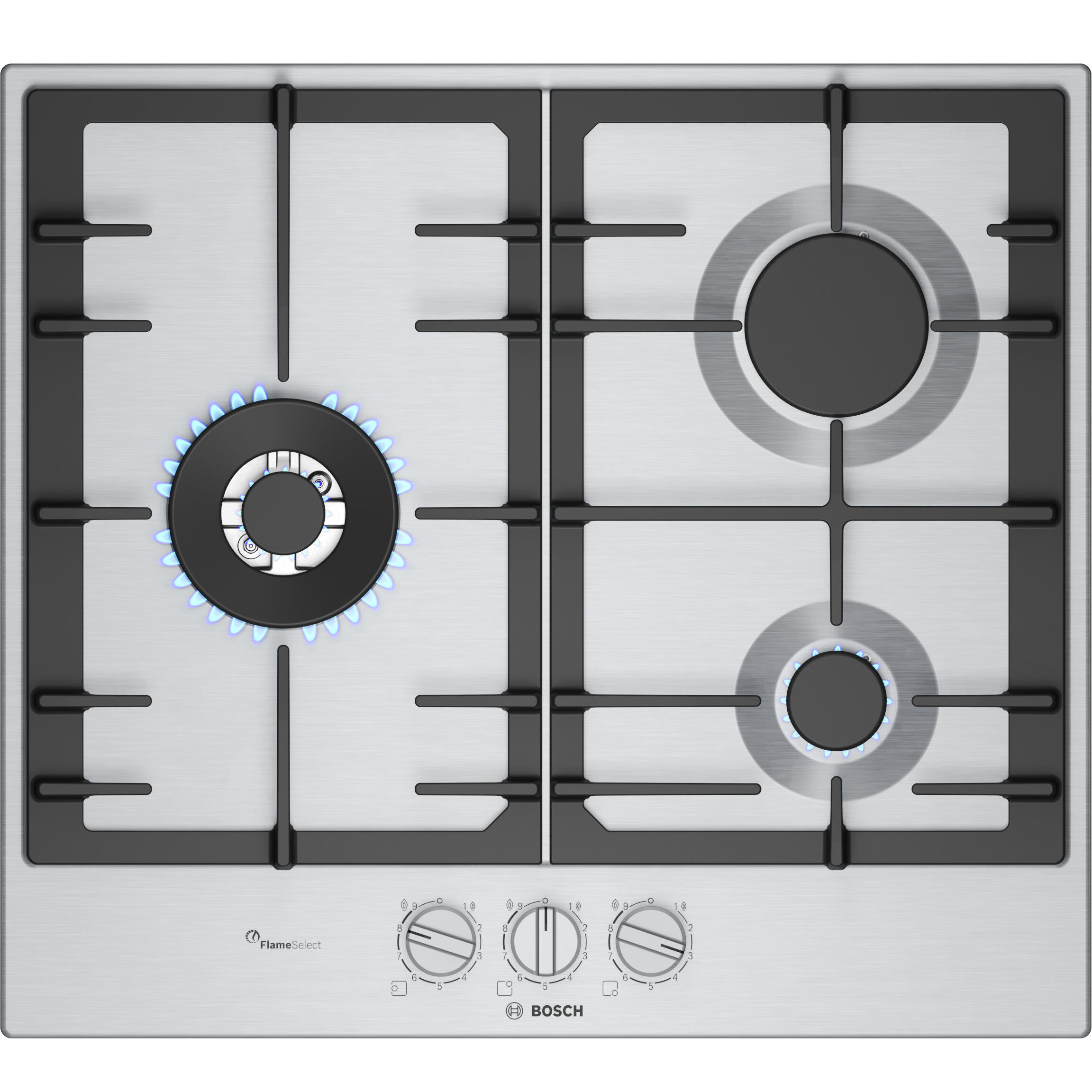placa de gas bosch pcc6a5i90 3 zonas de coccion gas natural acero inox con encendido integrado 60cm