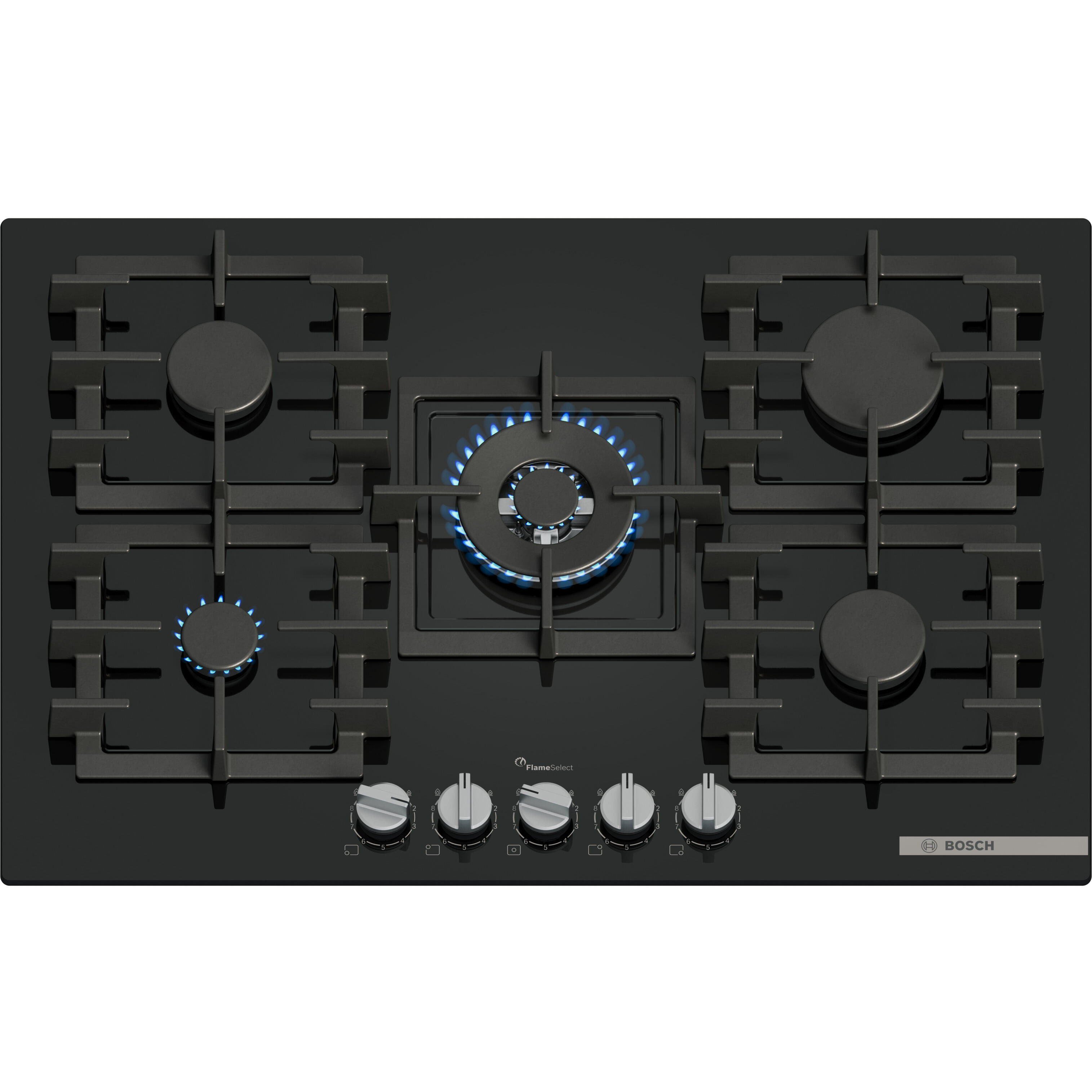 placa de gas bosch ppq7a6i40 5 zonas de coccion gas natural cristal negro con encendido integrado 80cm