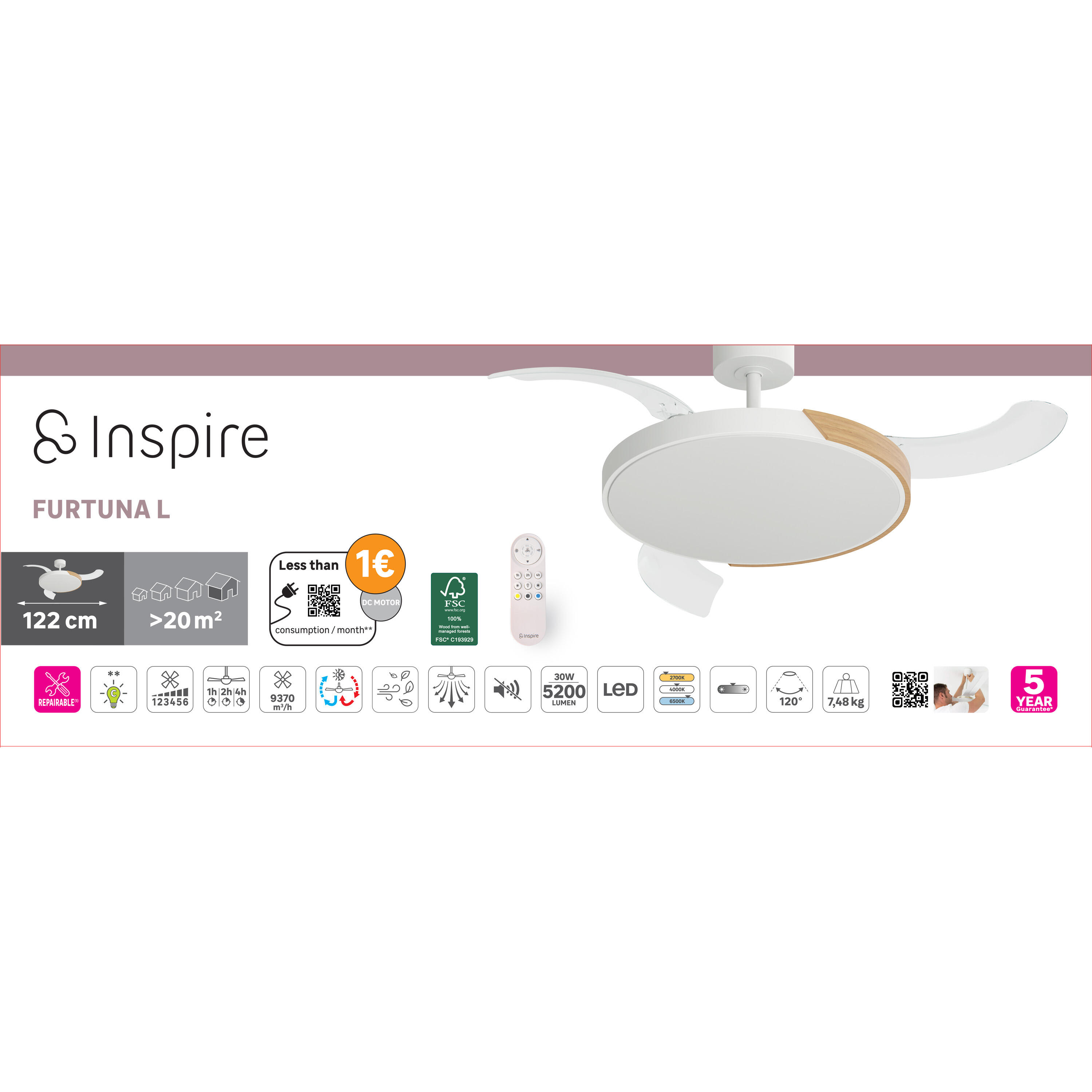 Ventilador de techo con luz silencioso DC 30W con mando ø122 cm Furtuna INSPIRE blanco luz CCT 3 aspas retráctiles tipo lámpara| 6 velocidades| modo verano/invierno| temporizador| brisa| recomendado de 20 a 40m² - 13