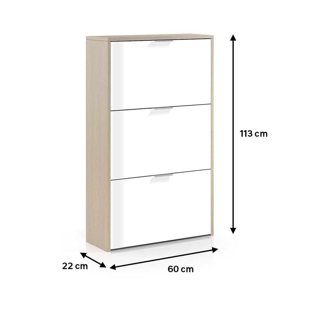 Zapatero Caprizzio con 3 compartimentos para 18 pares en melamina color blanco brillante y roble natural 60x113x22 cm - 2