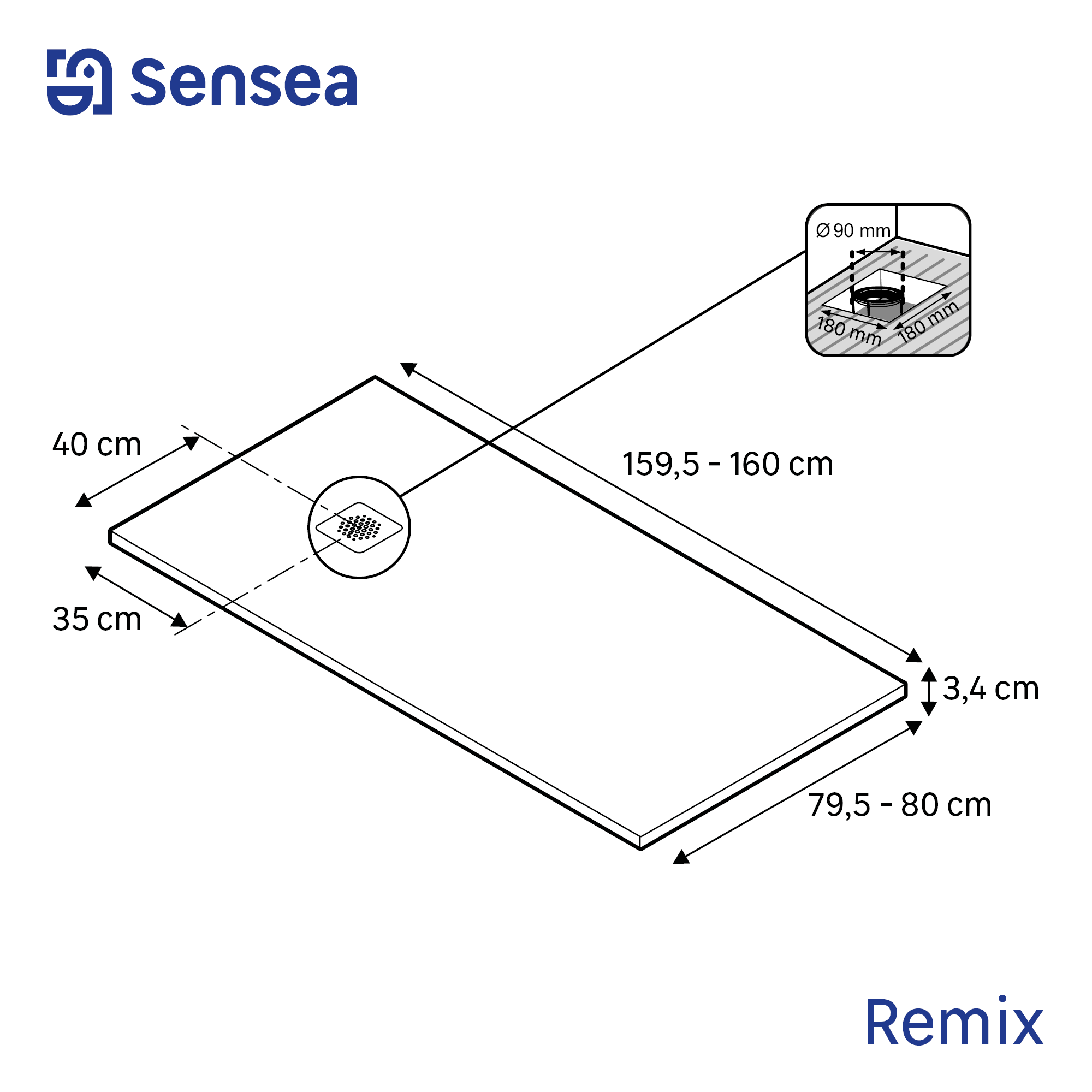 Receveur de douche extraplat, résine, blanc l.80 x L.160 cm, Remix - 3