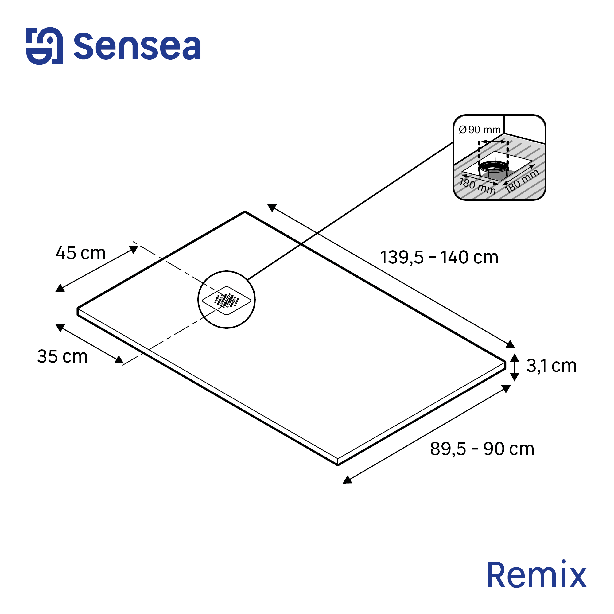 Receveur de douche extraplat, résine, blanc l.90 x L.140 cm, Remix - 4