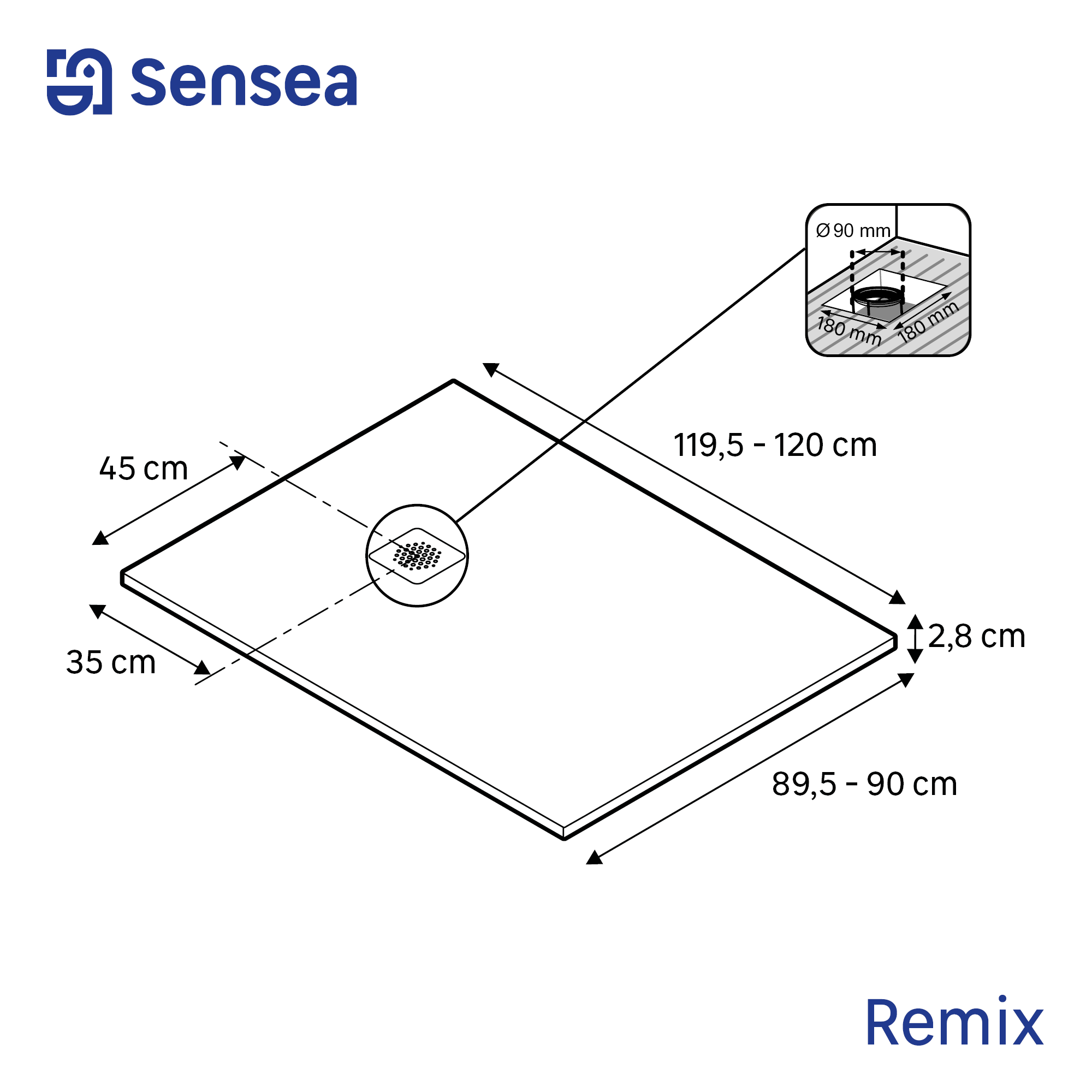 Receveur de douche extraplat, résine, blanc l.90 x L.120 cm, Remix - 4