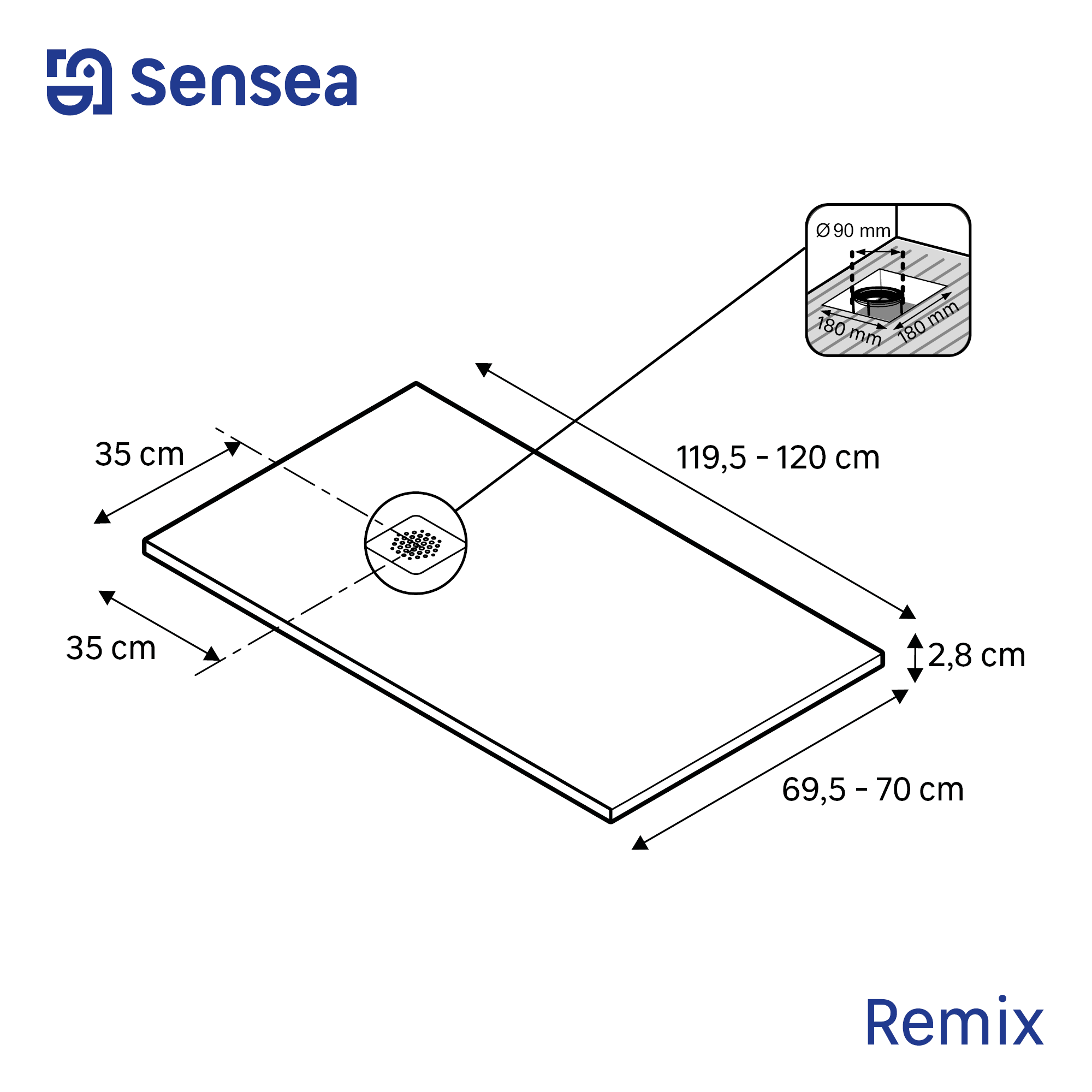 Receveur de douche extraplat, résine, blanc l.70 x L.120 cm, Remix - 3