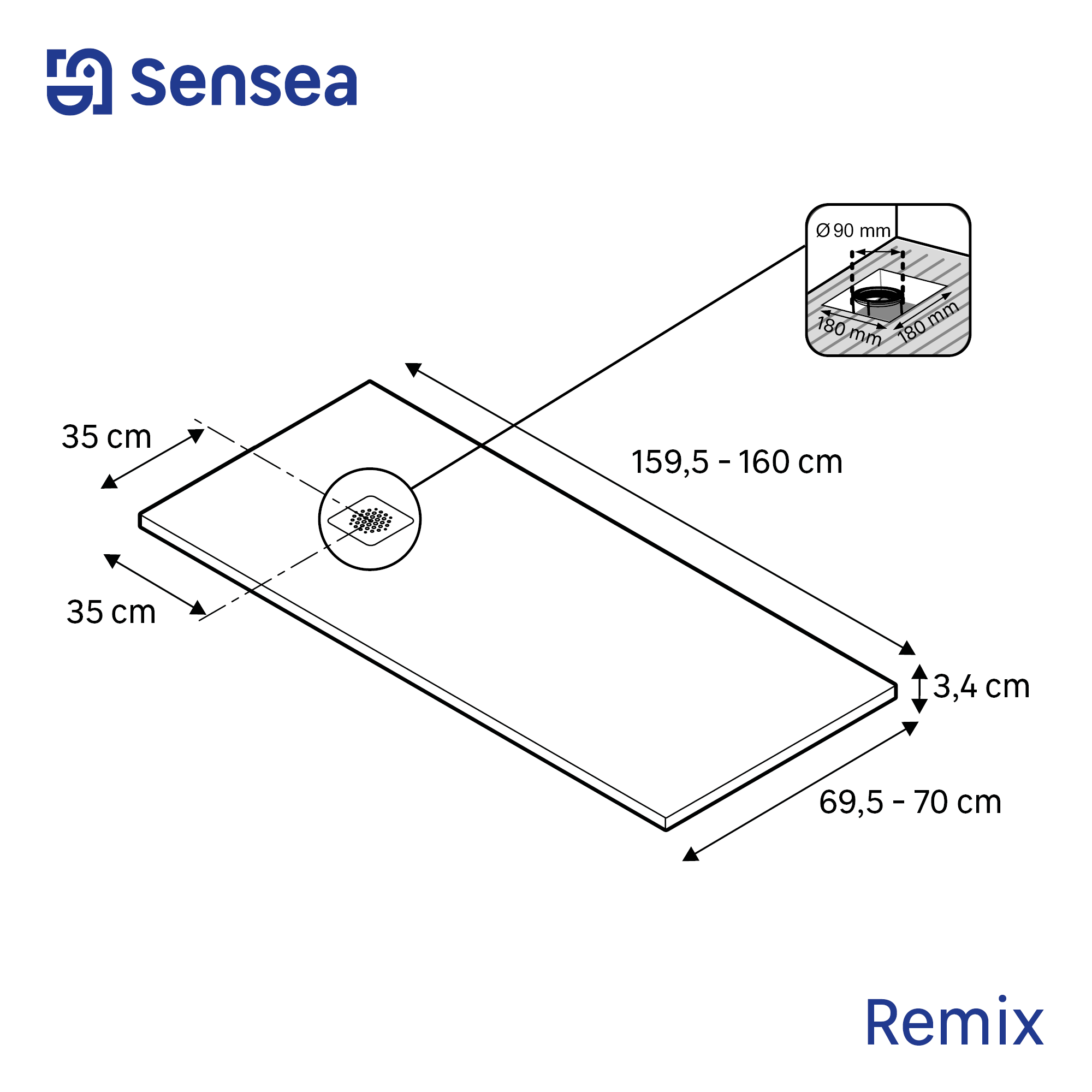 Piatto doccia SENSEA in composito minerale di resina gelificata Neo bianco L 70 x L 160 x H 3.4 cm opaco effetto pietra - 6