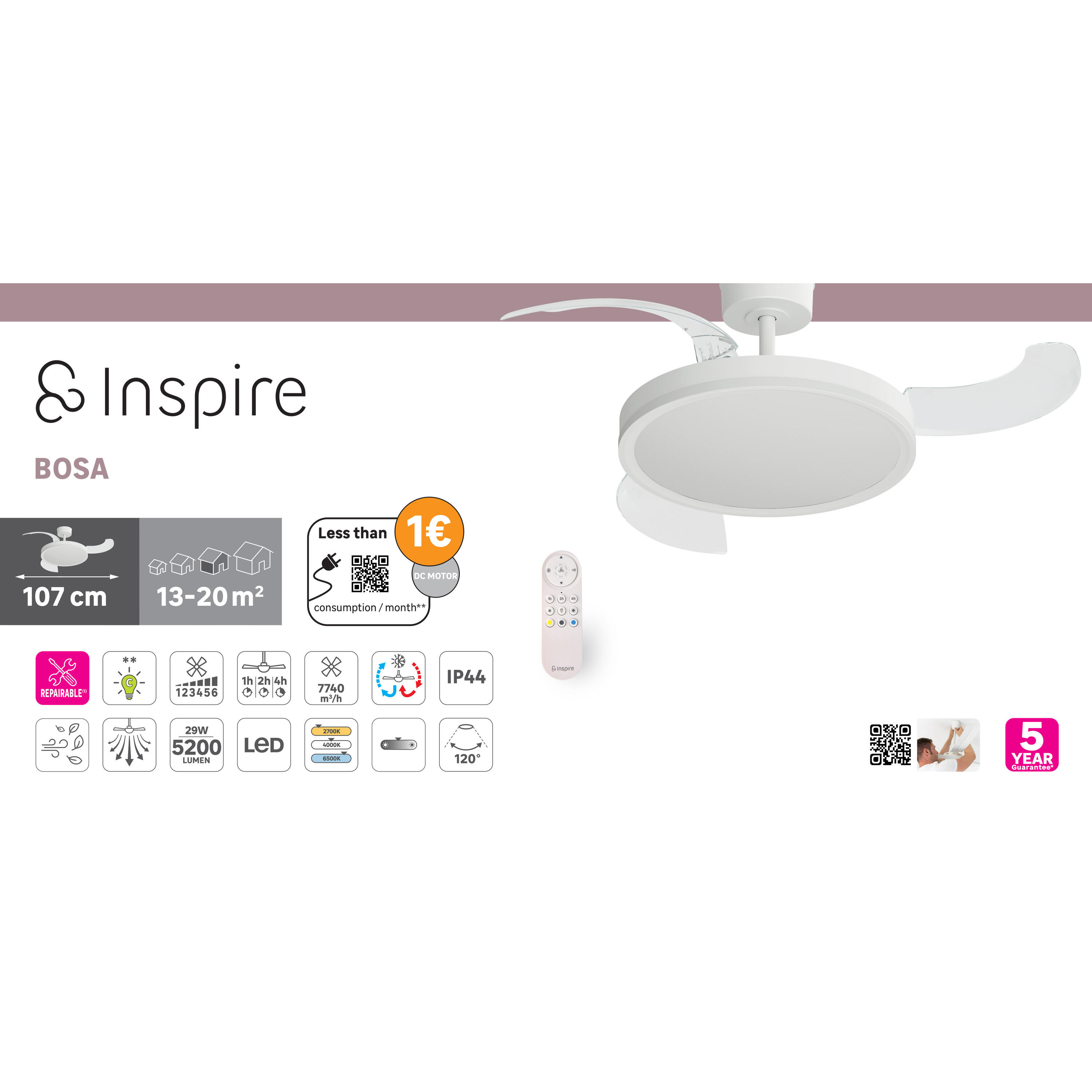 Ventilador de techo con luz exterior silencioso DC 30W con mando ø107 cm Bosa INSPIRE blanco luz CCT 3 aspas retráctiles tipo lámpara| 6 velocidades| modo verano/invierno| temporizador| brisa| recomendado de 13 a 20m² - 8