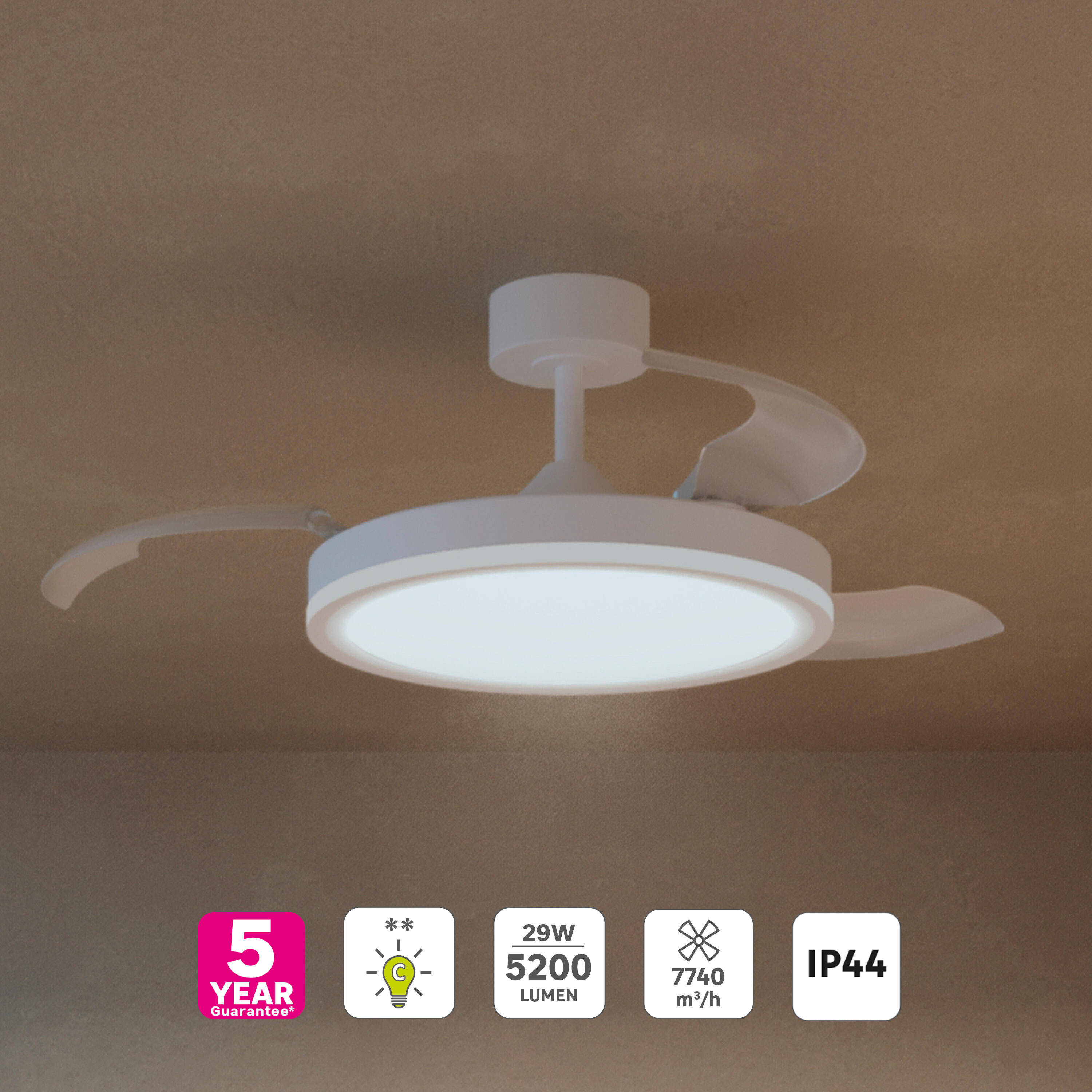 Ventilador de techo con luz exterior silencioso DC 30W con mando ø107 cm Bosa INSPIRE blanco luz CCT 3 aspas retráctiles tipo lámpara| 6 velocidades| modo verano/invierno| temporizador| brisa| recomendado de 13 a 20m² - 11