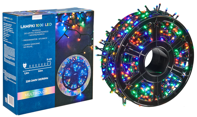 Lampki choinkowe zewnętrzne 1000 LED 8 funkcji, programator, multikolor  EUROHIT