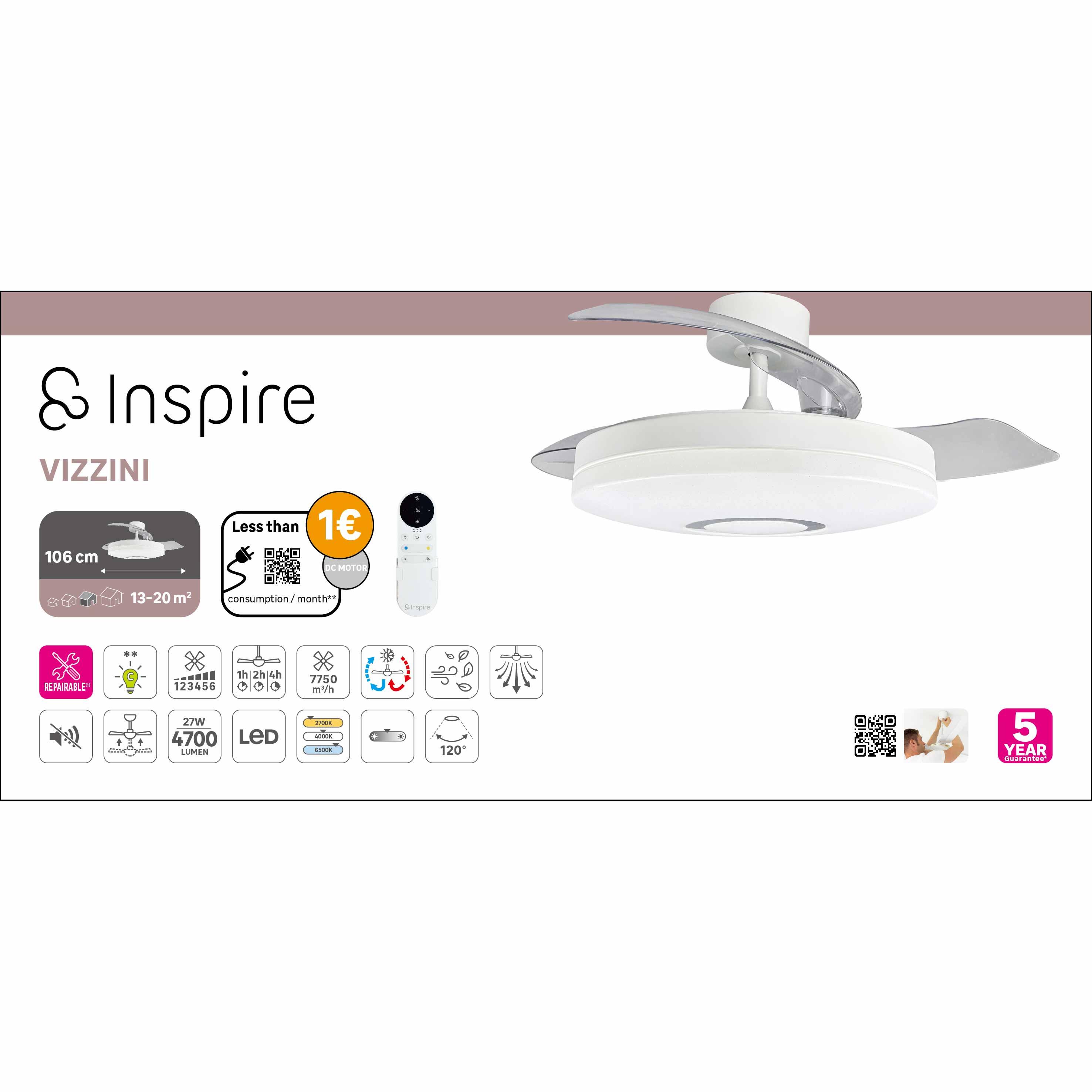 Ventilateur de plafond LED silencieux, Vizzini M, 106 cm, INSPIRE, blanc - 10