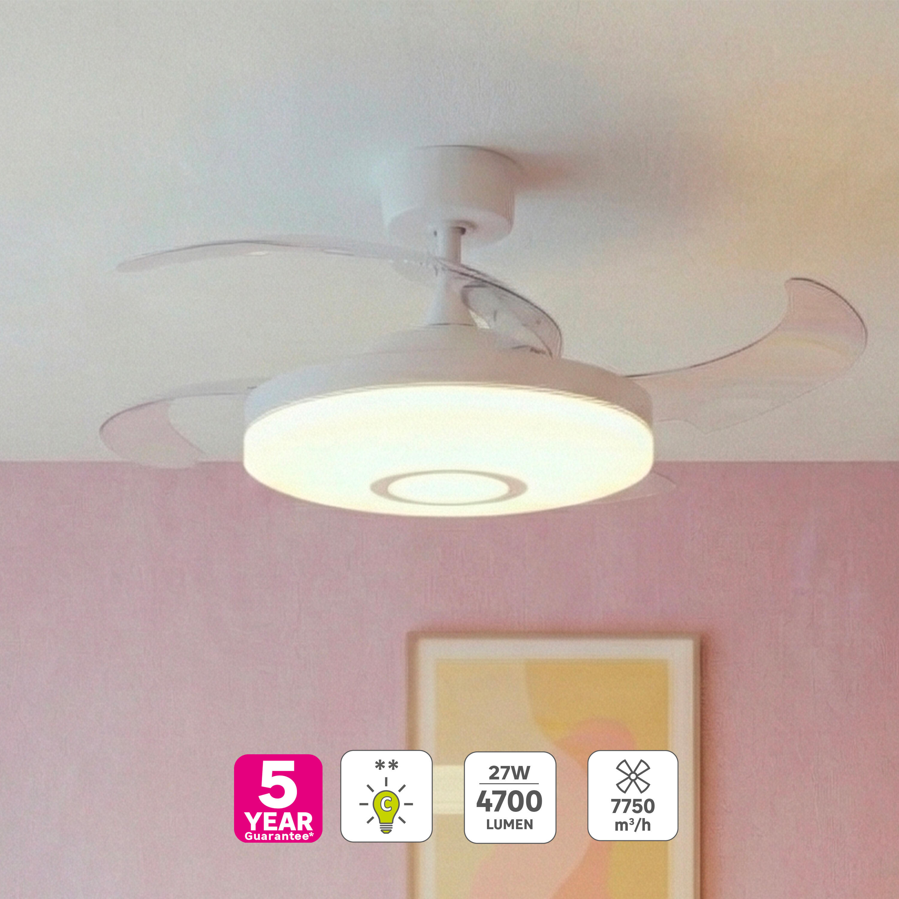 Ventilateur de plafond LED silencieux, Vizzini M, 106 cm, INSPIRE, blanc - 2