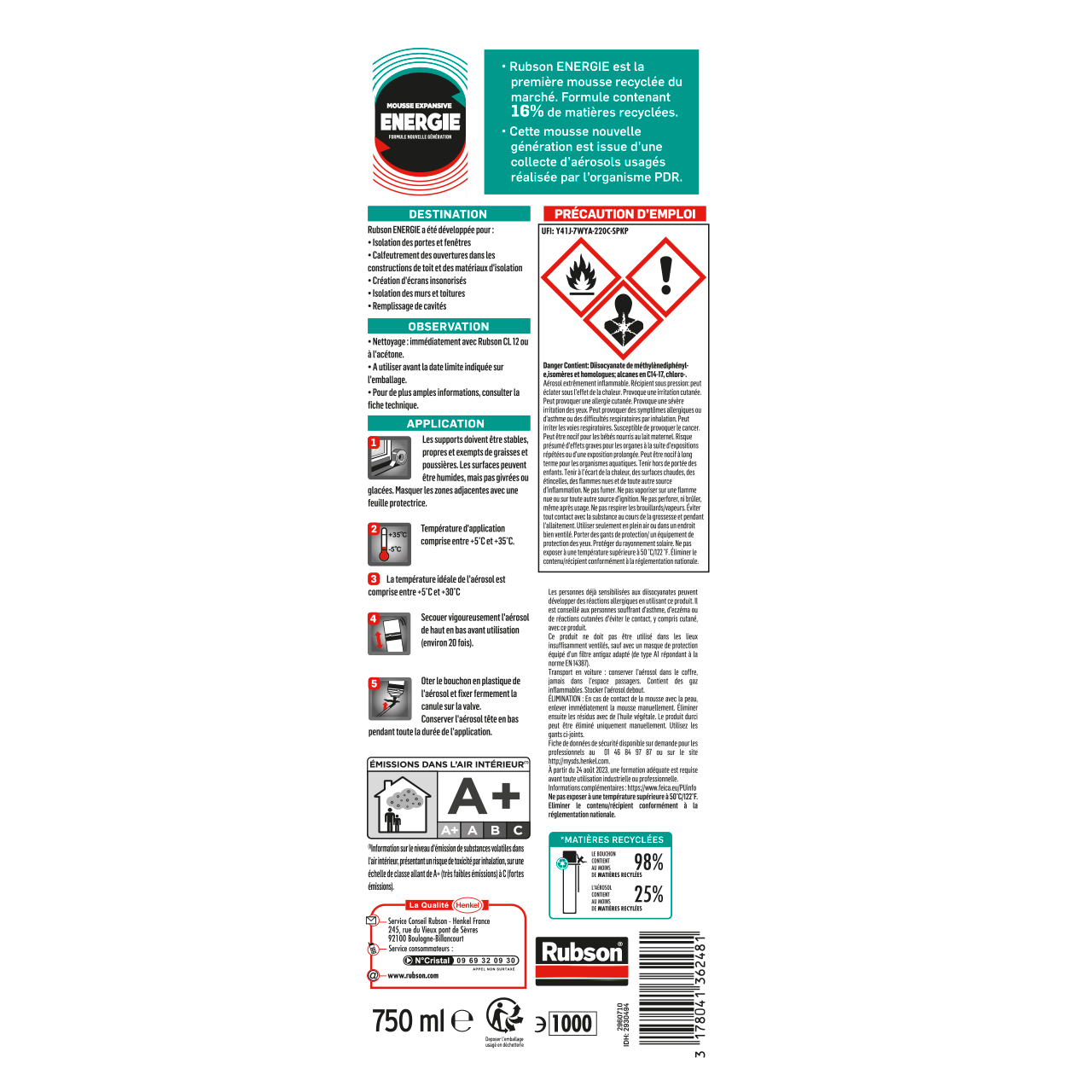 Mousse expansive polyuréthane universelle manuelle 750 ml - RUBSON Energie - 5