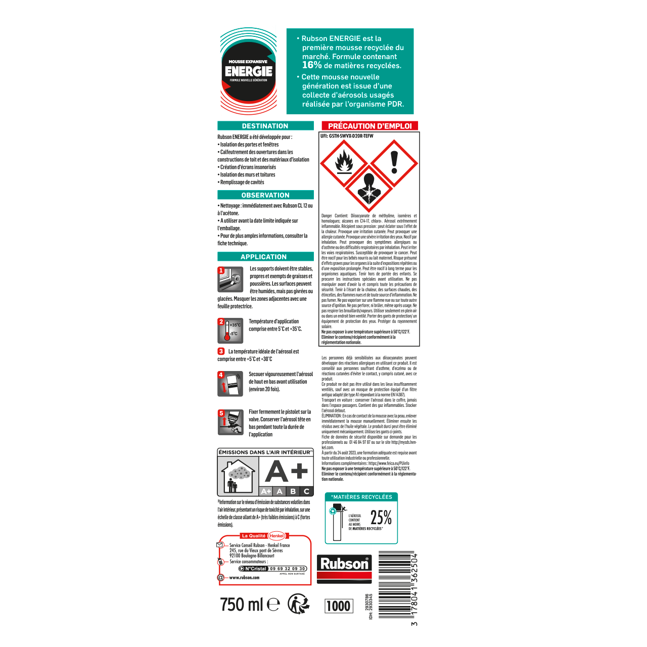Mousse expansive polyuréthane universelle pistolable 750 ml - RUBSON Energie - 5