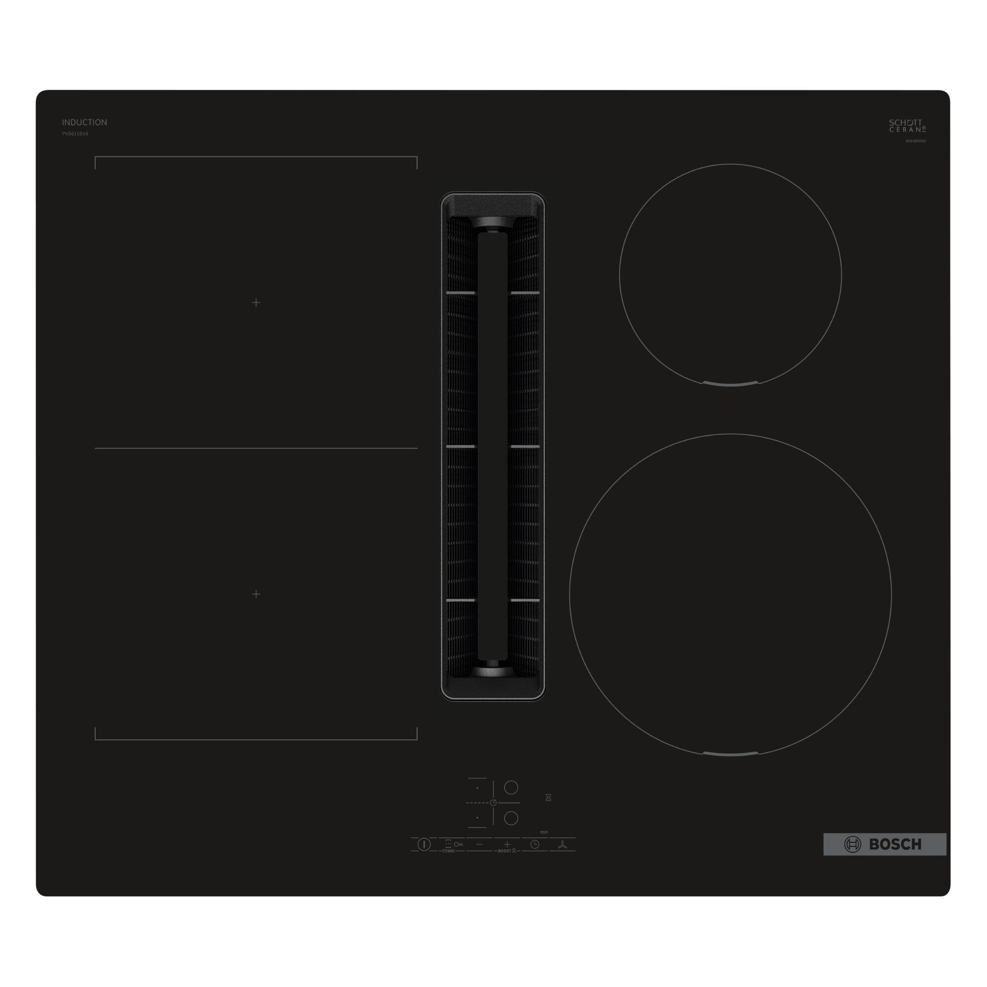 placa de induccion con extractor bosch pvs611b16e con 4 zonas de coccion y zona flex 622w negro 60 cm