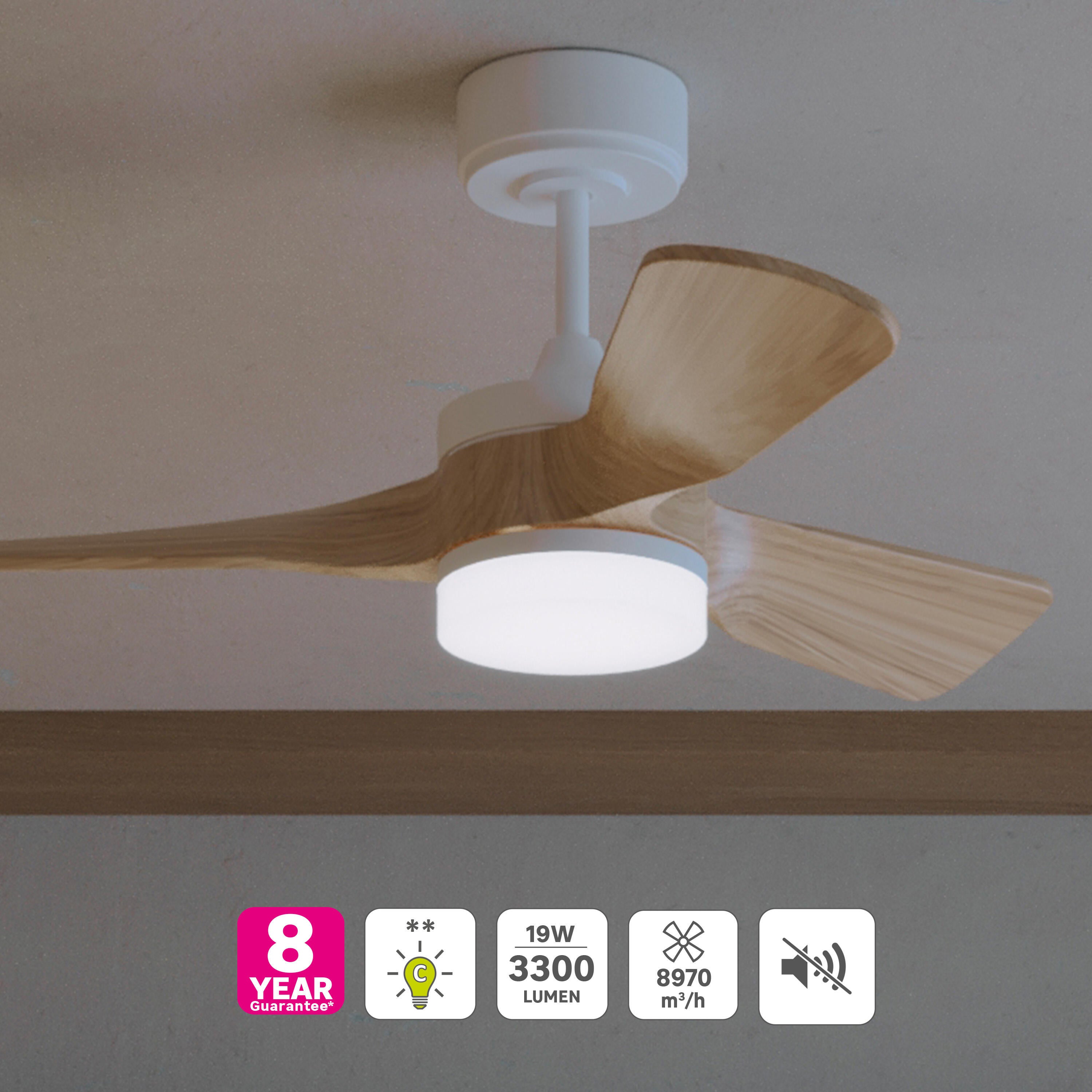 Ventilateur de plafond LED silencieux, Chris S, 91 cm, INSPIRE, blanc et bois - 2