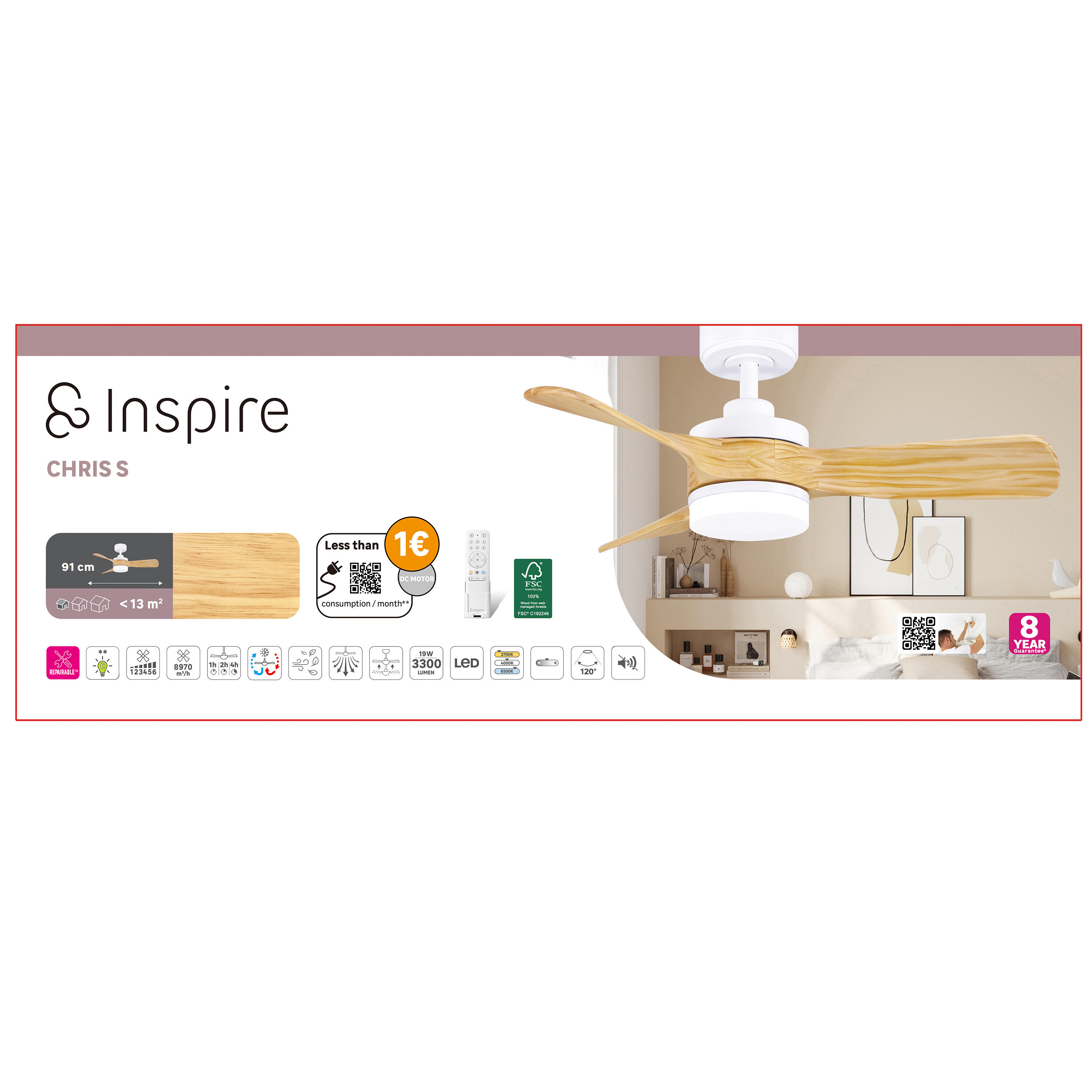 Ventilateur de plafond LED silencieux, Chris S, 91 cm, INSPIRE, blanc et bois - 11