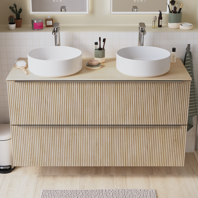 Mobile bagno con doppio lavabo Groove, 2 cassetti , L 120 x H 64 x P 48 cm, rovere naturale cannettato