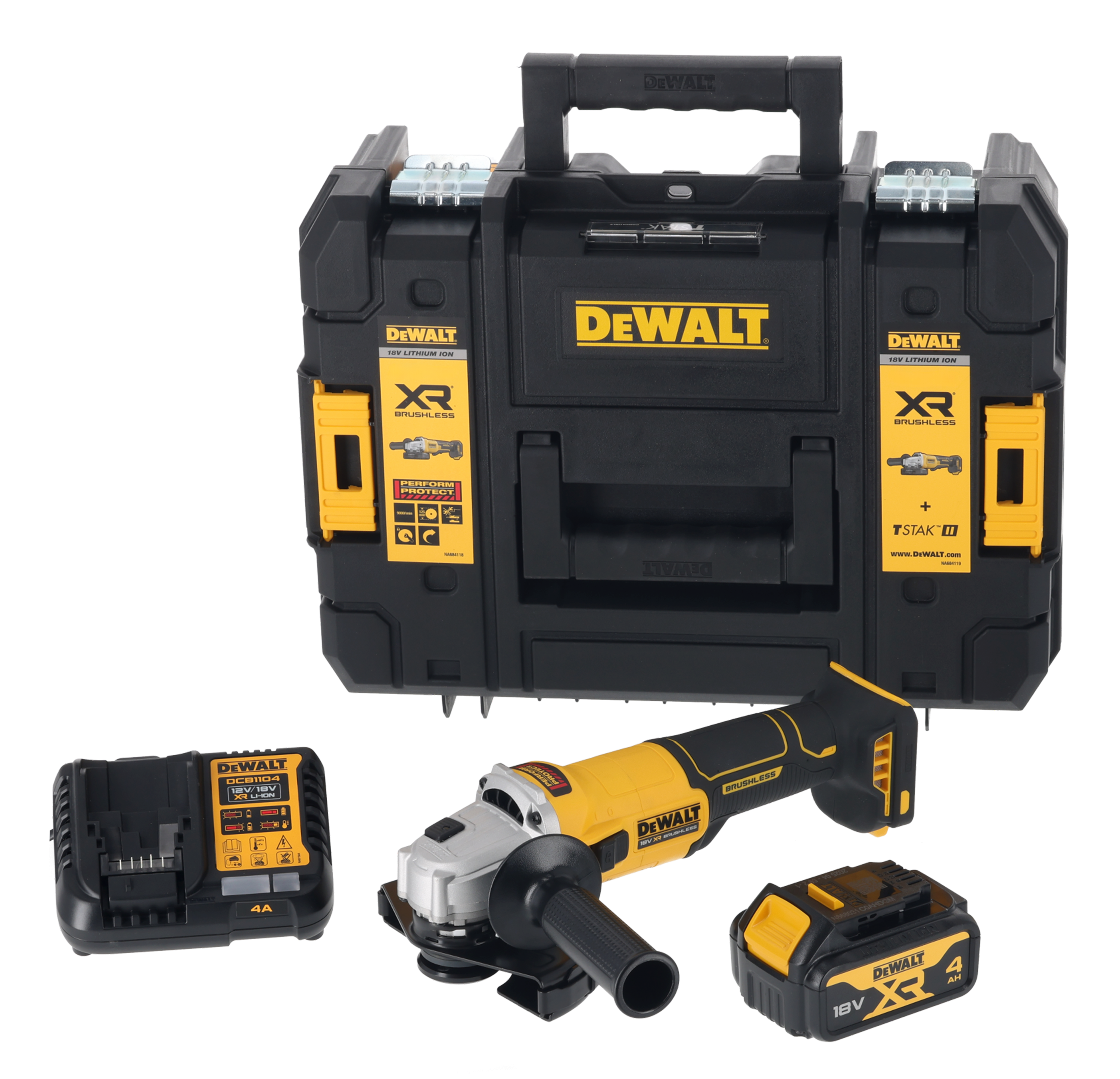 Szlifierka kątowa akumulatorowa bezszczotkowa 18V 125 mm z ładowarką, 1 baterią 4Ah i walizką DeWALT