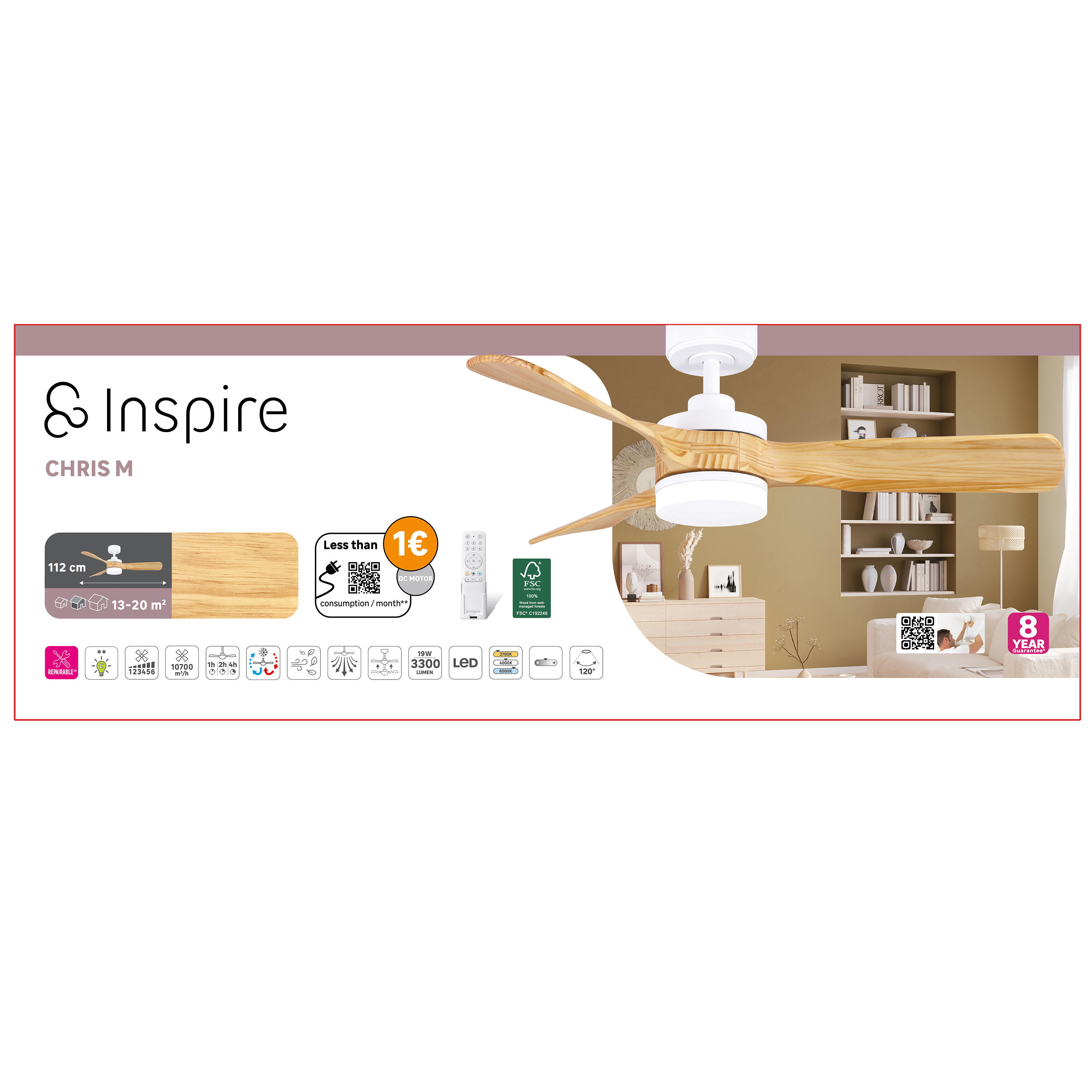 Ventilador de techo con luz silencioso DC 37W con mando ø112 cm Chris INSPIRE blanco luz CCT 3 aspas| 6 velocidades| modo verano/invierno| brisa| temporizador| recomendado de 13 a 20m² - 7