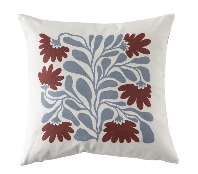 Cojín decorativo cuadrado New Eclectic doble cara flor, cuadro vichy algodón, lino azul blanco marrón 45x45cm