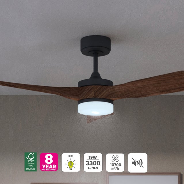 Ventilador de techo con luz silencioso DC 37W con mando ø112 cm Chris INSPIRE negro luz CCT 3 aspas| 6 velocidades| modo verano/invierno| brisa| temporizador| recomendado de 13 a 20m²