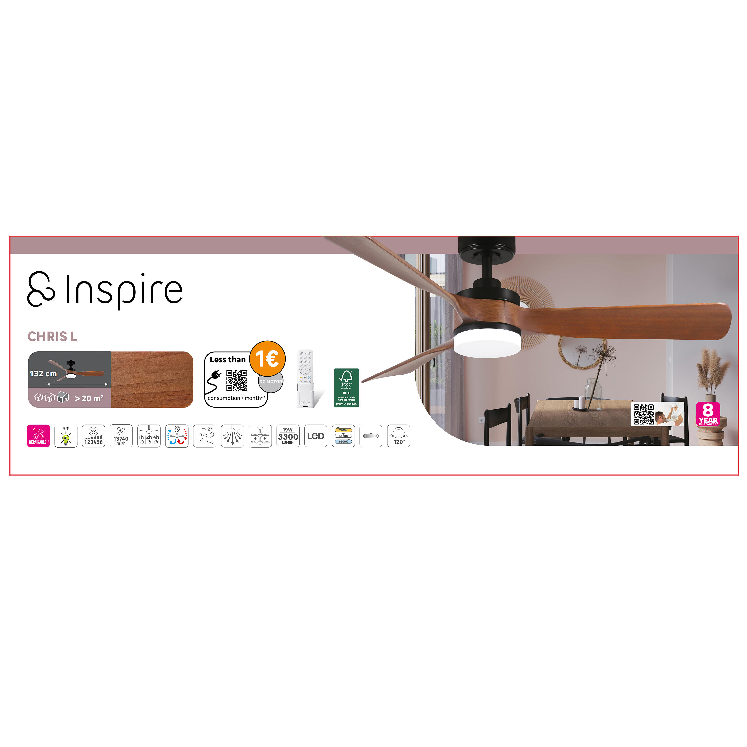 Ventilador de techo con luz silencioso DC 40W con mando ø132 cm Chris INSPIRE negro luz CCT 3 aspas| 6 velocidades| modo verano/invierno| brisa| temporizador| recomendado de 20 a 40m² - 3