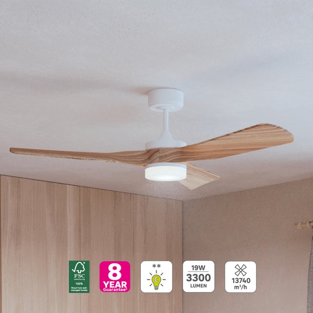 Ventilador de techo con luz silencioso DC 40W con mando ø132 cm Chris INSPIRE blanco luz CCT 3 aspas| 6 velocidades| modo verano/invierno| brisa| temporizador| recomendado de 20 a 40m²