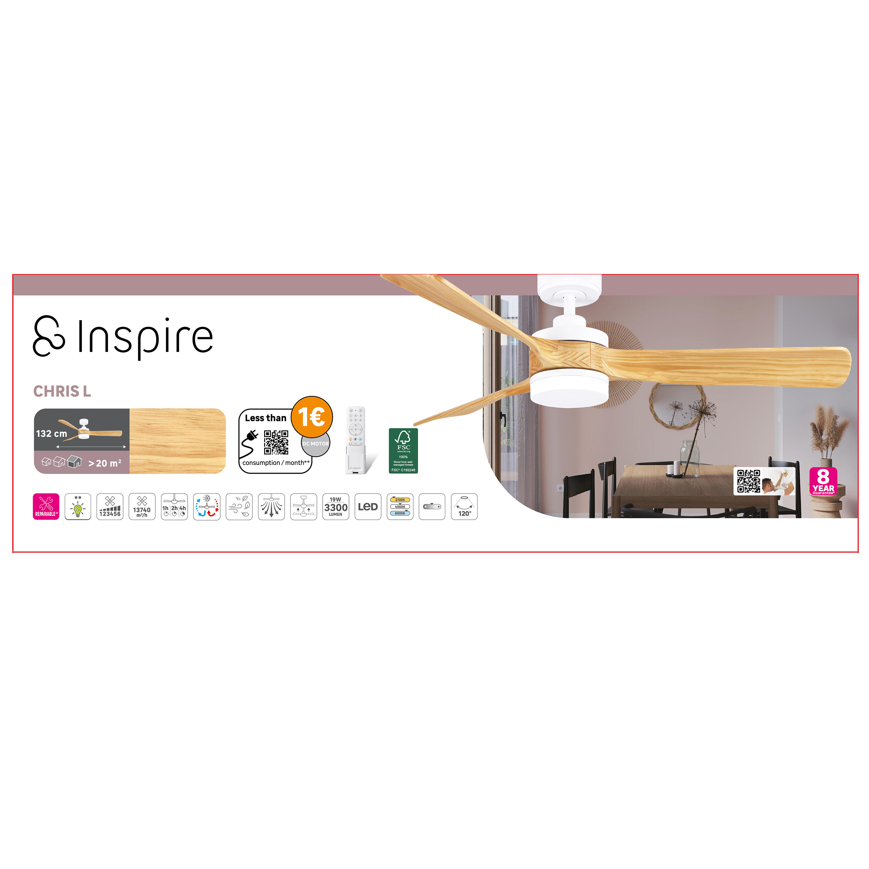 Ventilador de techo con luz silencioso DC 40W con mando ø132 cm Chris INSPIRE blanco luz CCT 3 aspas| 6 velocidades| modo verano/invierno| brisa| temporizador| recomendado de 20 a 40m² - 9