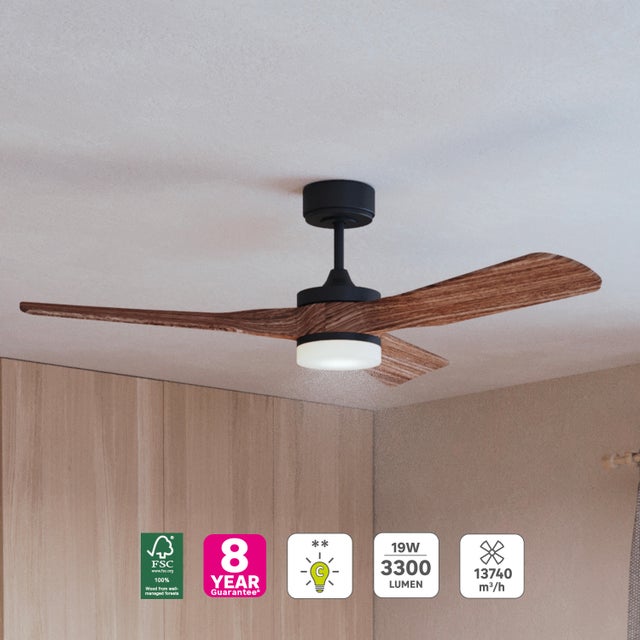 Ventilador de techo con luz silencioso DC 40W con mando ø132 cm Chris INSPIRE negro luz CCT 3 aspas| 6 velocidades| modo verano/invierno| brisa| temporizador| recomendado de 20 a 40m²