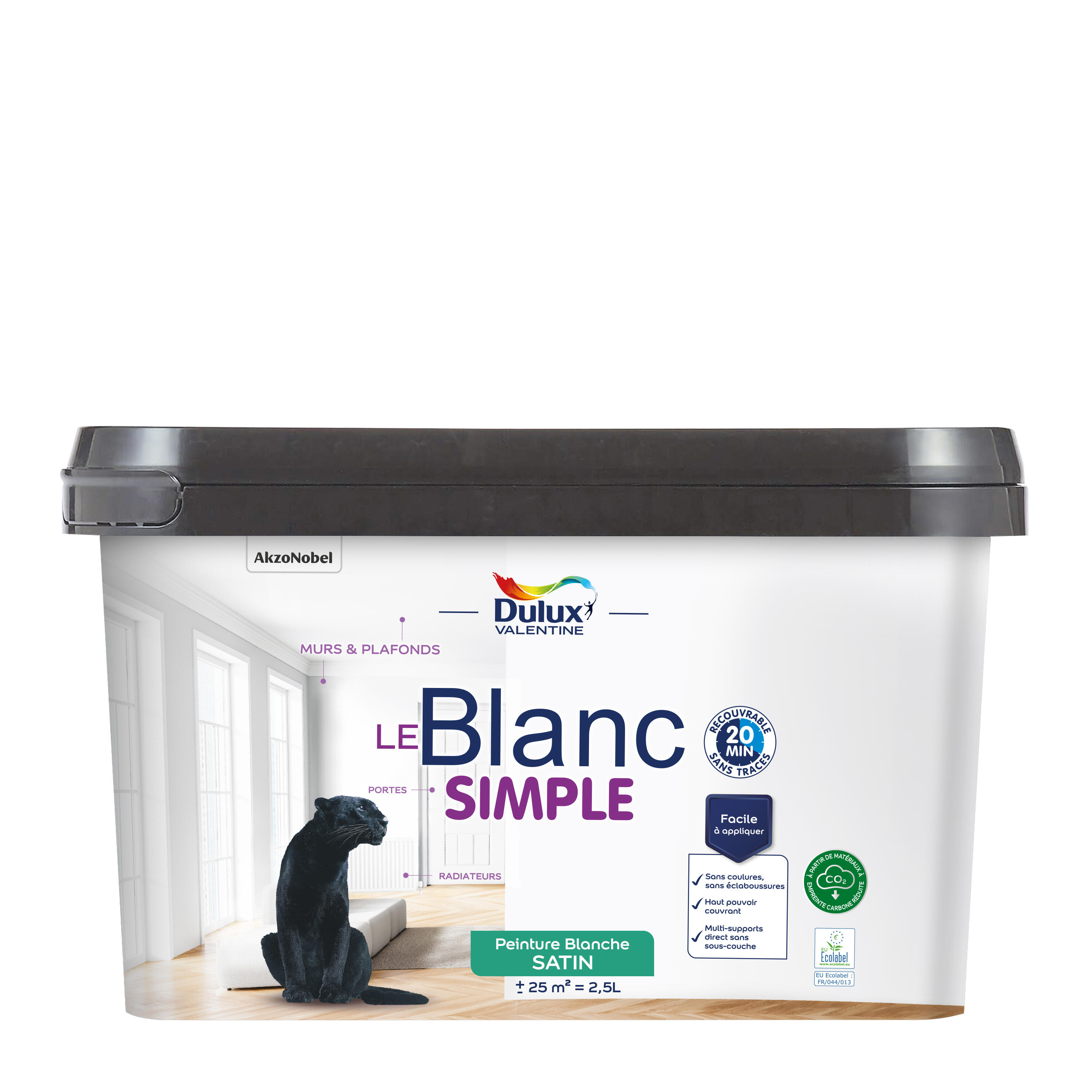 Peinture mur, plafond blanc satin DULUX VALENTINE Simple 2.5L - 5