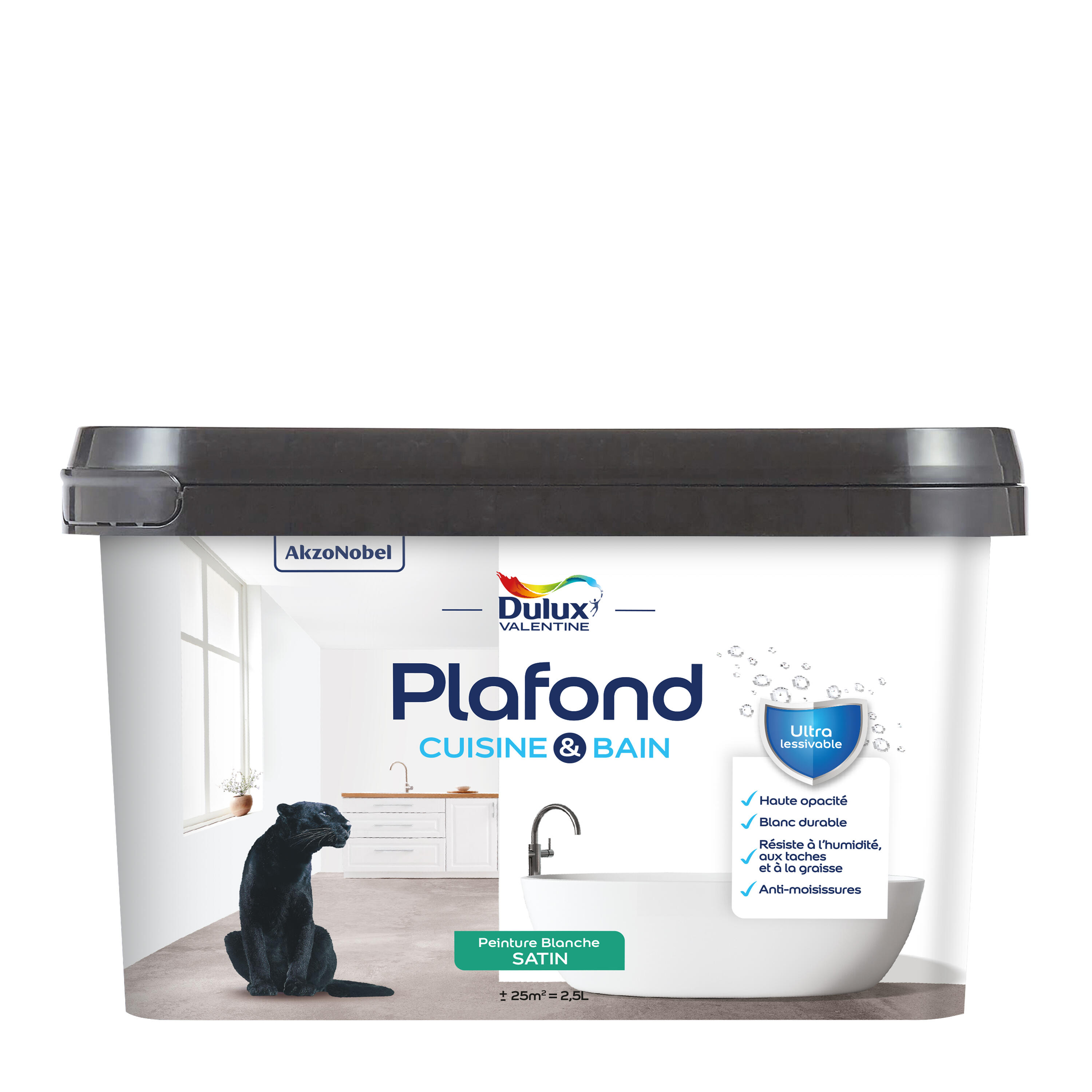 Peinture plafond blanc satin DULUX VALENTINE Cuisine & bain 2.5L - 5