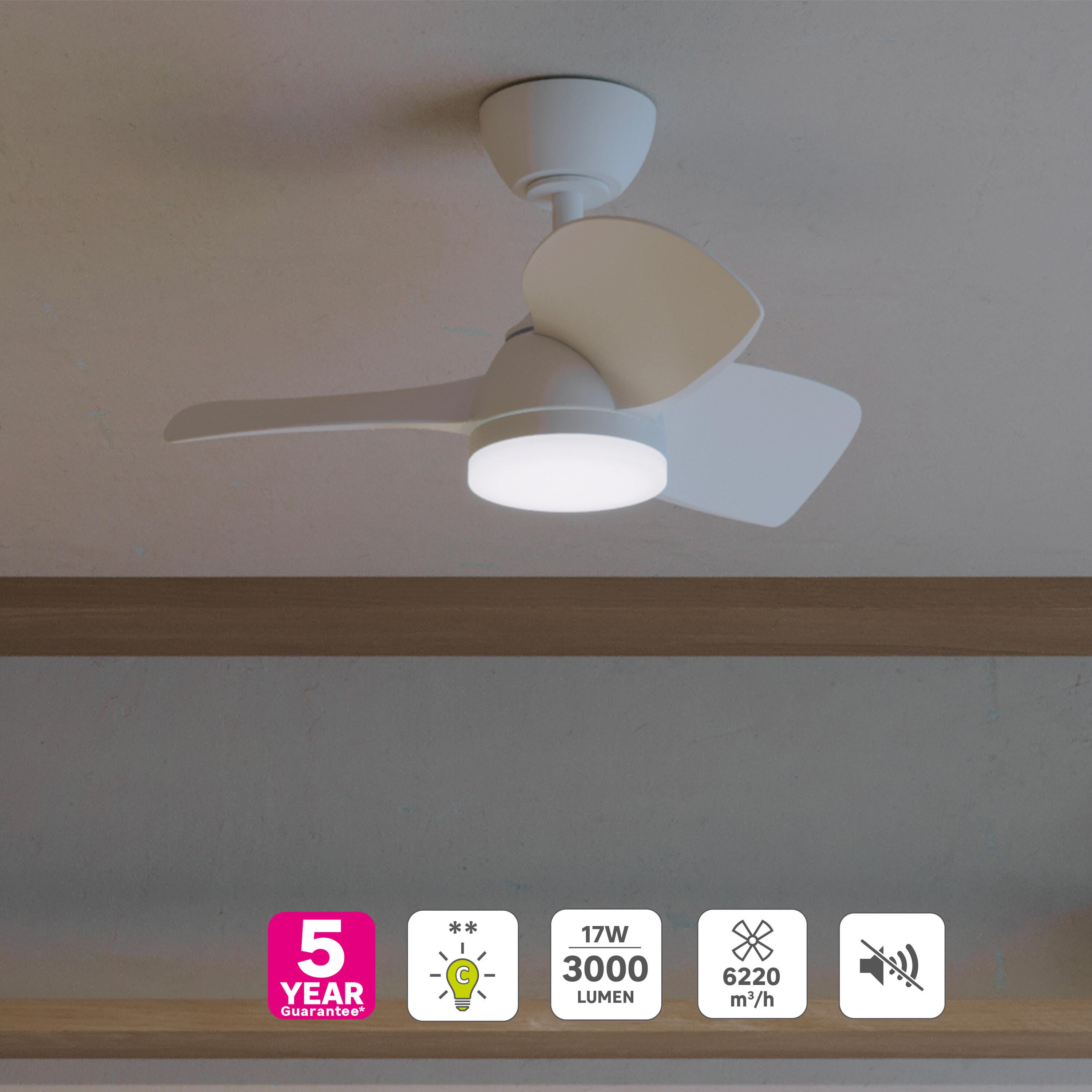 Ventilador de techo con luz silencioso DC 26W con mando ø71 cm Beach INSPIRE blanco luz CCT 3 aspas| 6 velocidades| modo verano/invierno| brisa| temporizador| recomendado para <13m² - 5