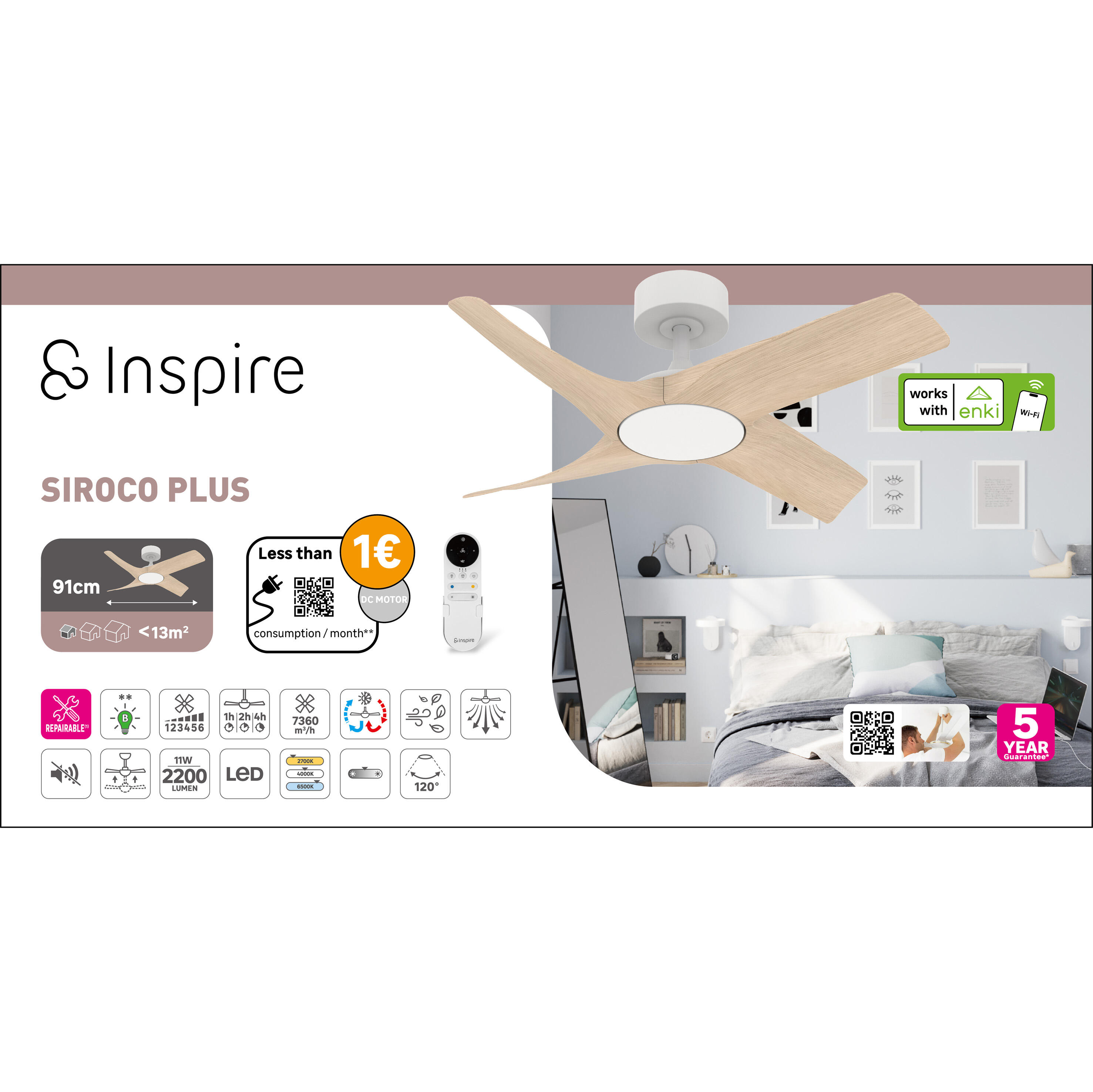 Ventilateur de plafond LED connecté, Siroco +, 91 cm, INSPIRE, bois - 12