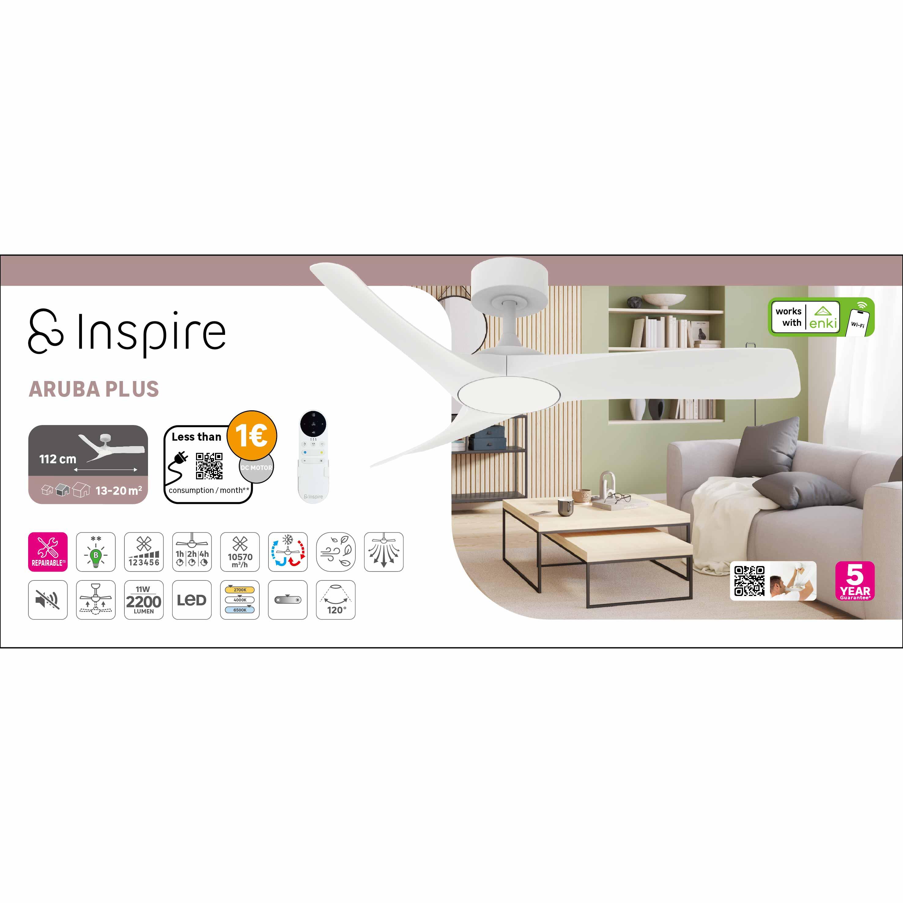Ventilateur de plafond LED connecté silencieux, Aruba +, 112 cm, INSPIRE, blanc - 12