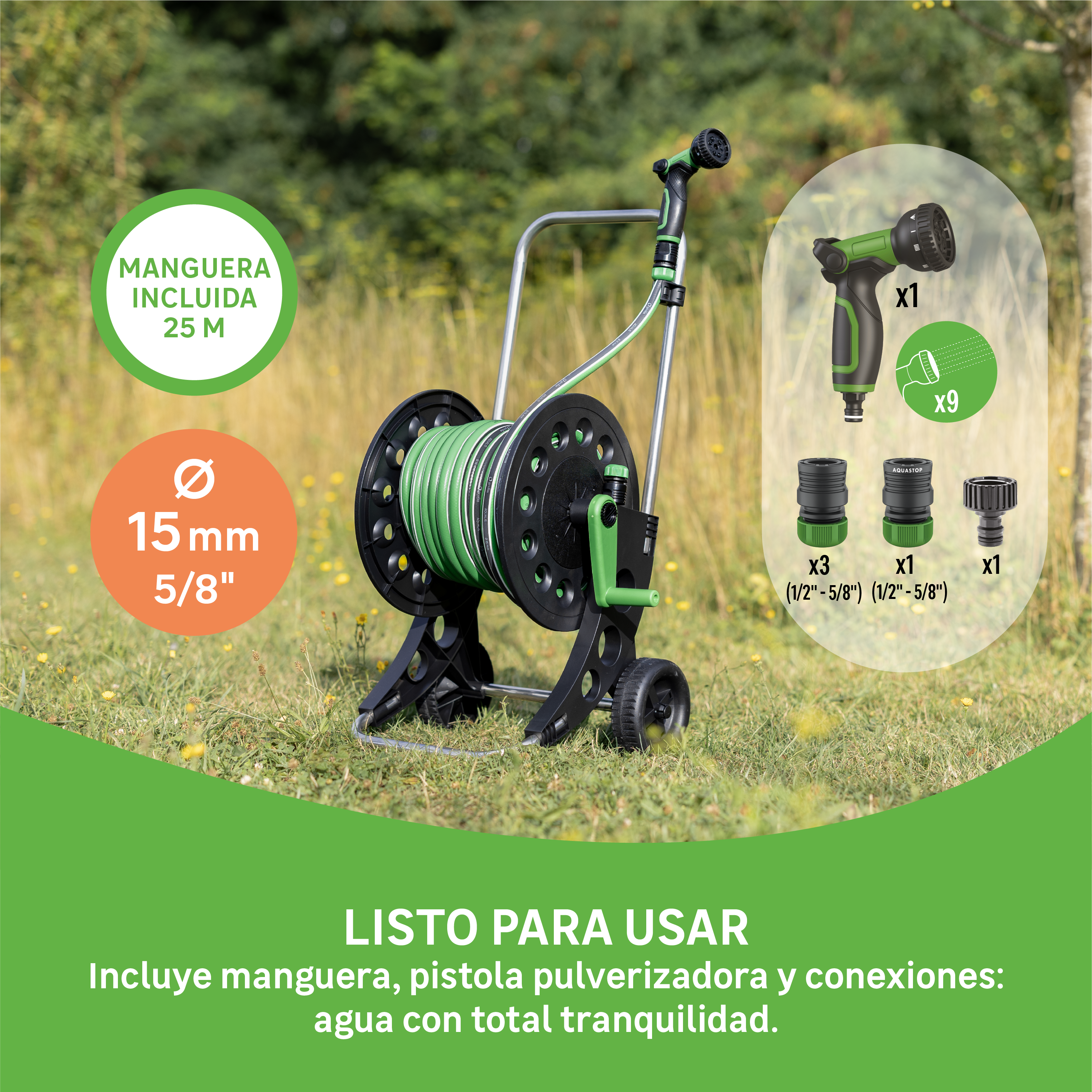 Porta manguera equipada con ruedas GEOLIA de 25m de 15mm de ø - 3