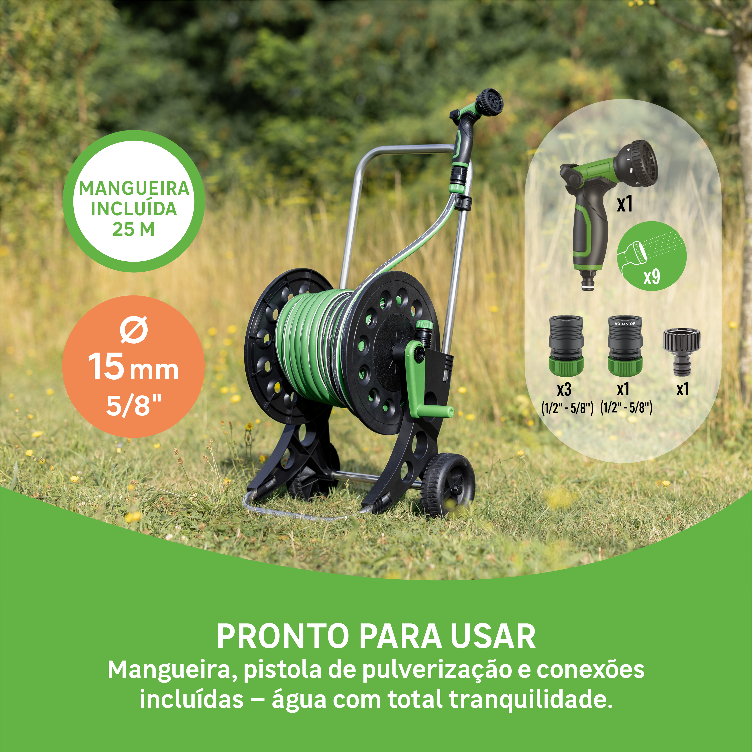 Carretel de mangueira equipado Geolia Aqualis 15 mm x 25 m + conectores - 5