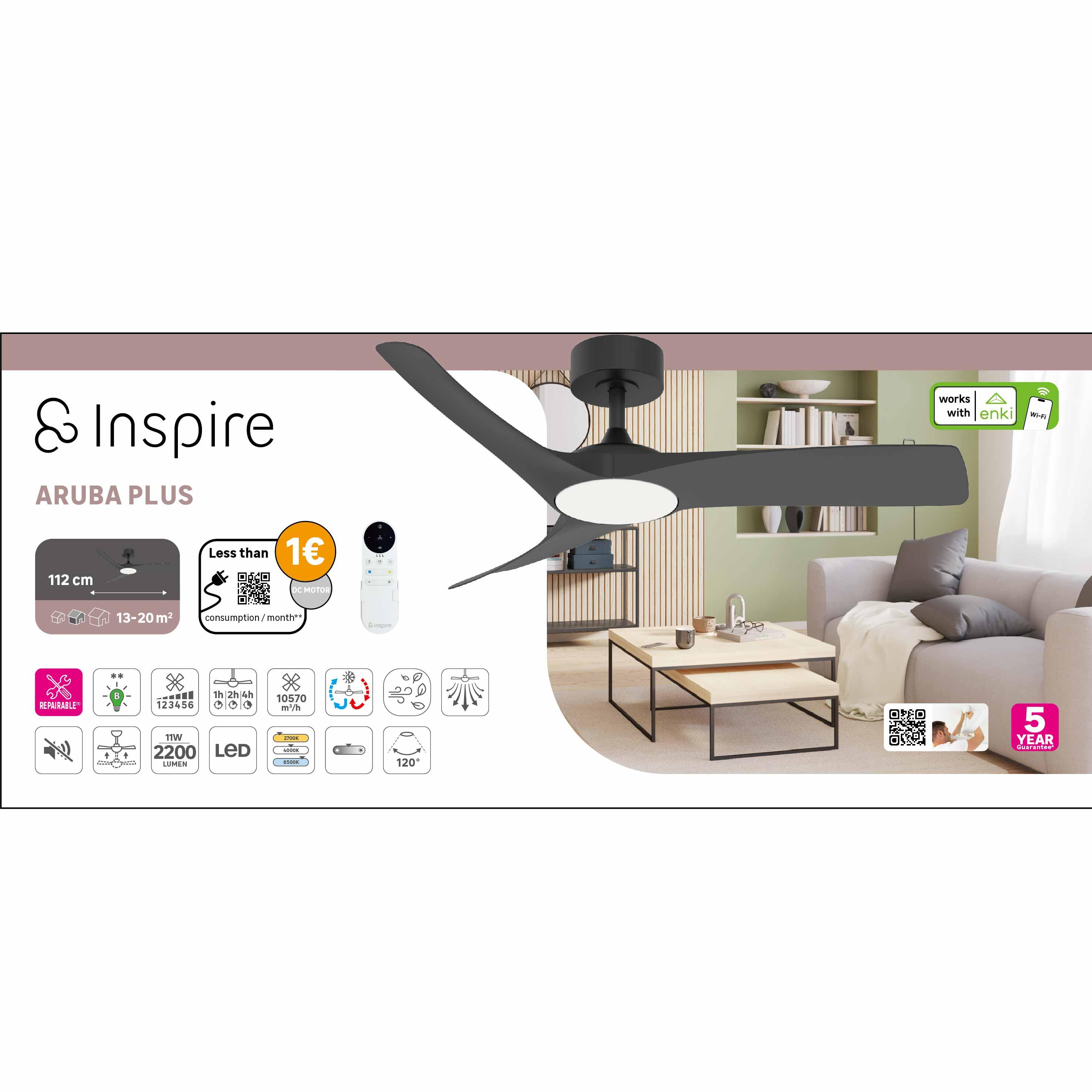 Ventilateur de plafond LED connecté silencieux, Aruba +, 112 cm, INSPIRE, noir - 11