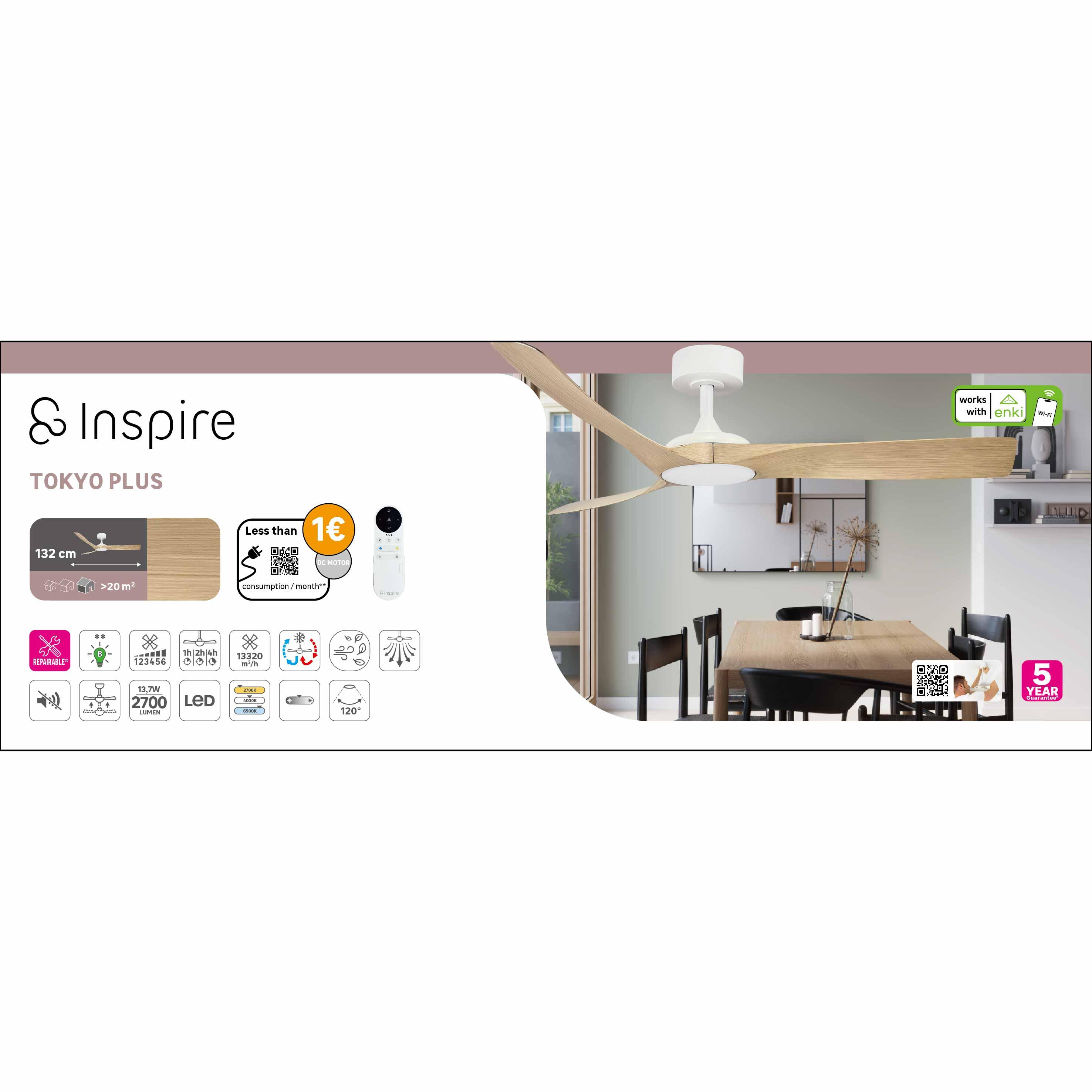 Ventilateur de plafond LED connecté silencieux, Tokyo +, 132 cm, INSPIRE, bois - 11