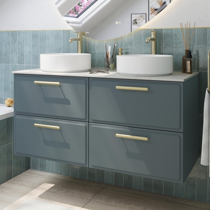 Zestaw szafka pod umywalkę z 2 umywalkami nablatowymi Pearl 4 szuflady 120 cm zielony Sensea