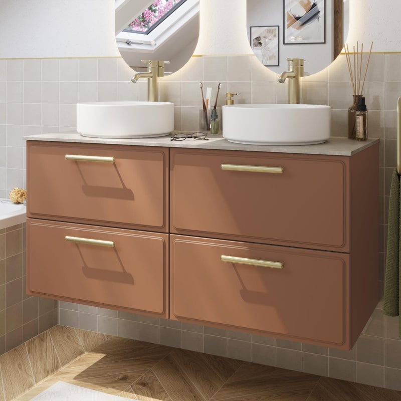 Zestaw szafka pod umywalkę z 2 umywalkami nablatowymi Pearl 4 szuflady 120 cm terrakota Sensea