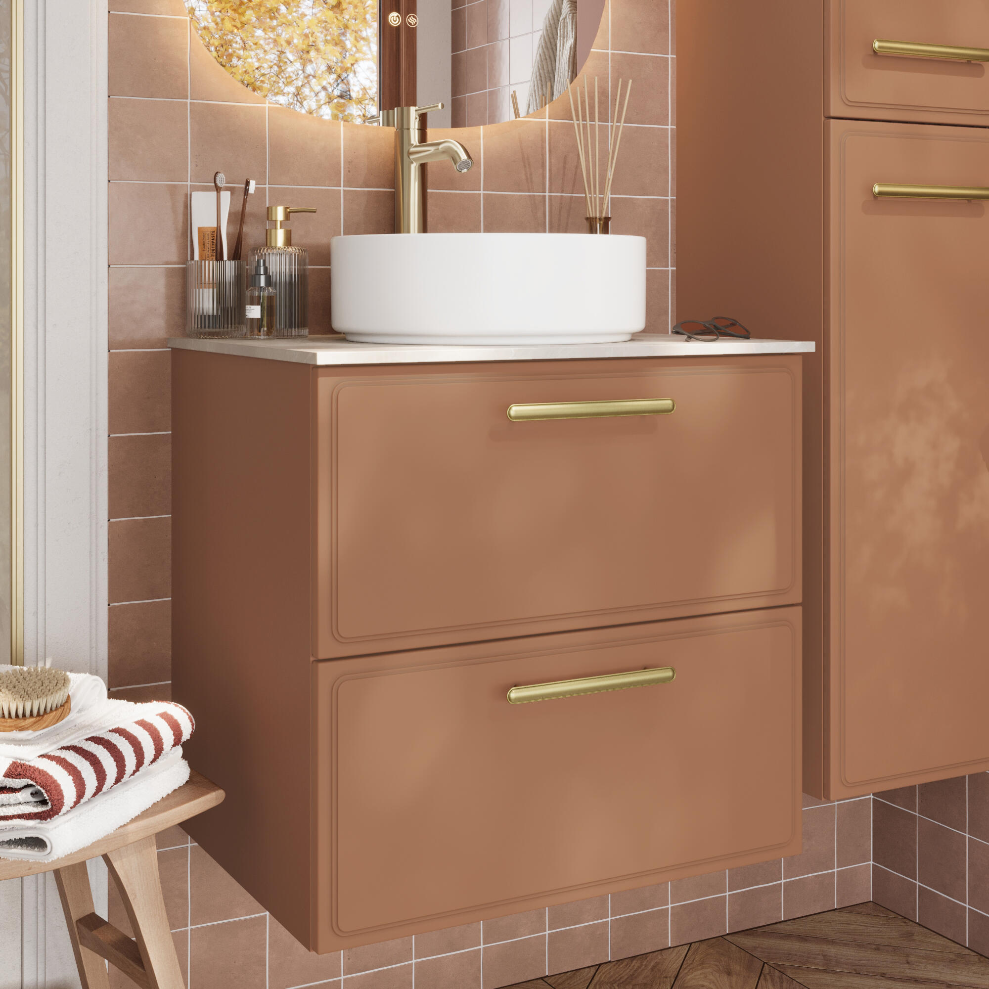 Zestaw szafka pod umywalkę z umywalką nablatową Pearl 2 szuflady 60 cm terrakota Sensea