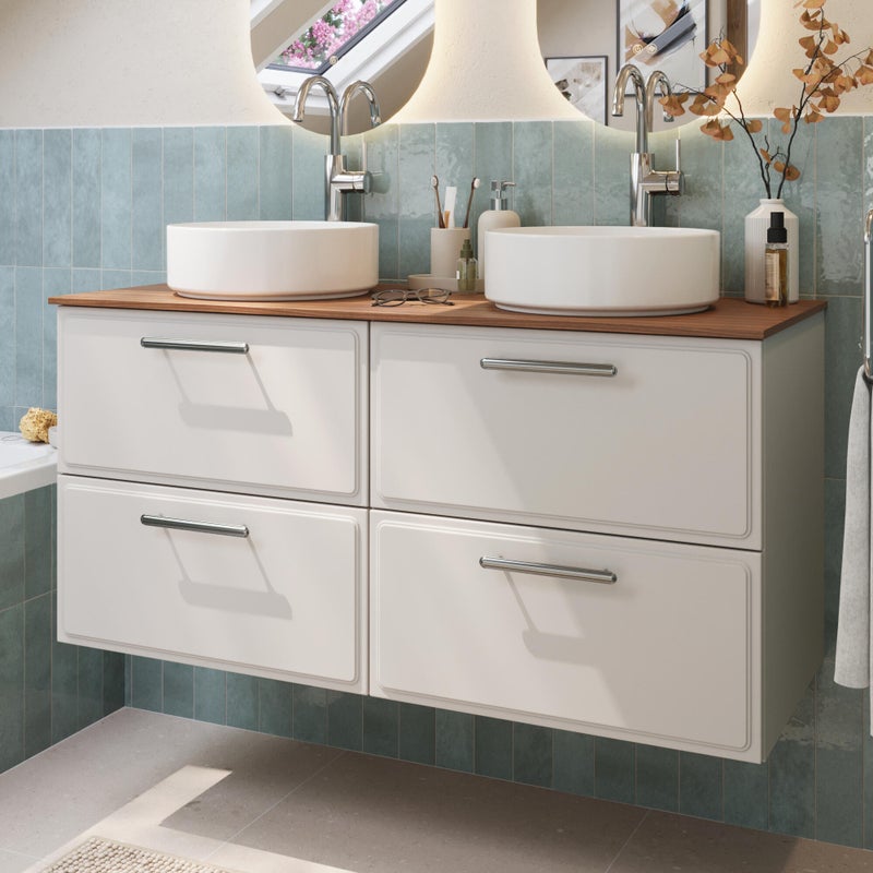 Zestaw szafka pod umywalkę z 2 umywalkami nablatowymi Pearl 4 szuflady 120 cm biała Sensea