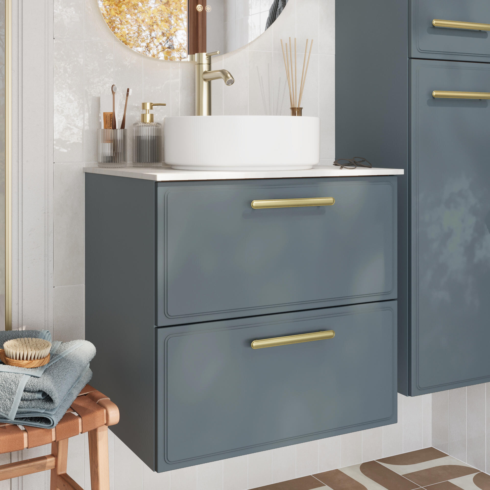 Zestaw szafka pod umywalkę z umywalką nablatową Pearl 2 szuflady 60 cm zielony Sensea