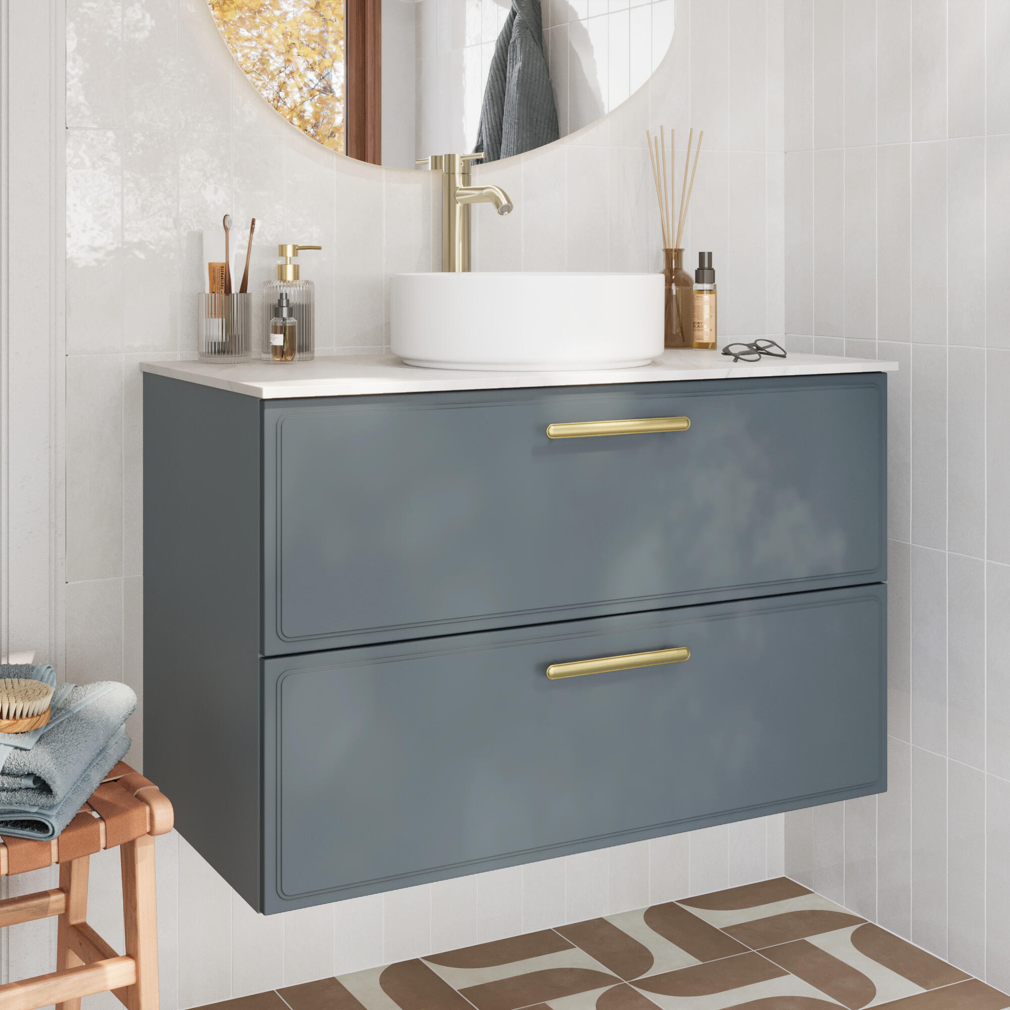 Zestaw szafka pod umywalkę z umywalką nablatową Pearl 2 szuflady 90 cm zielony Sensea