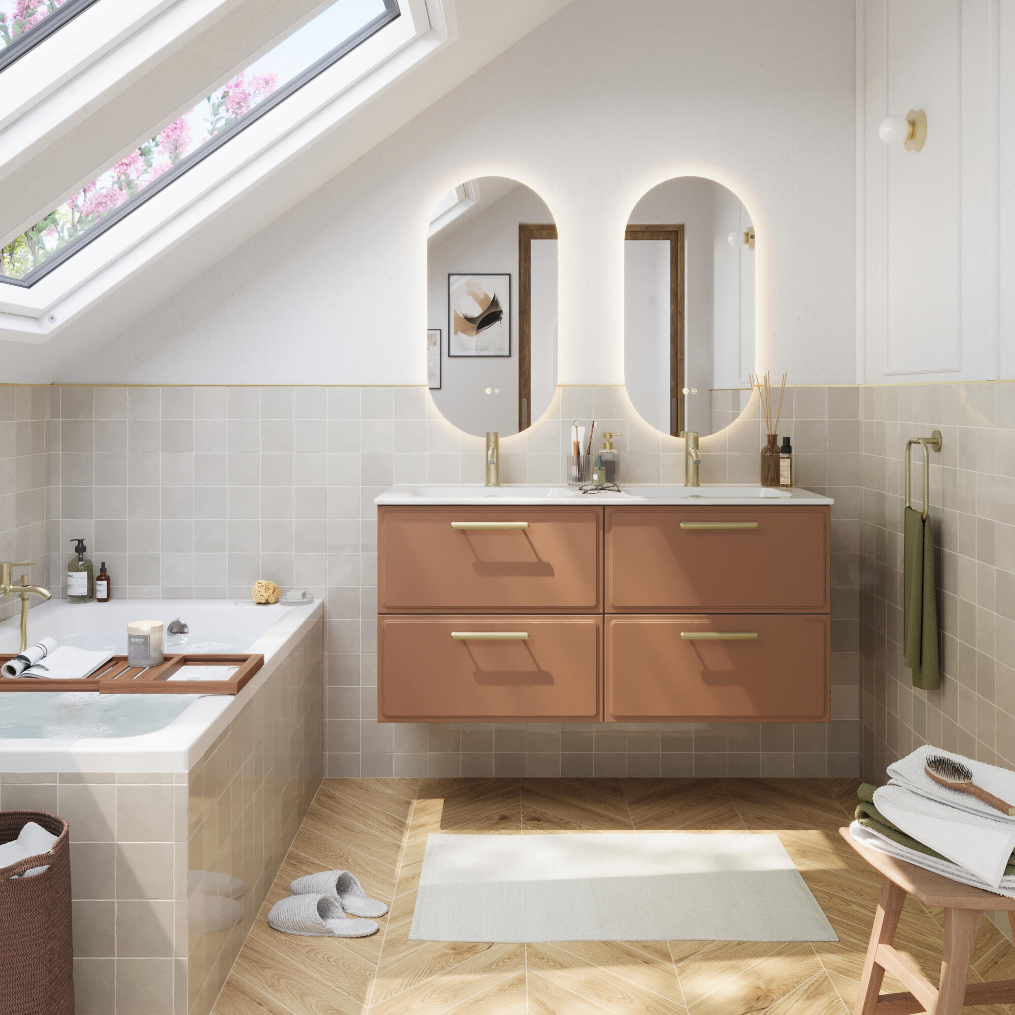 Zestaw szafka pod umywalkę z 2 umywalkami Pearl 4 szuflady 120 cm terrakota Sensea