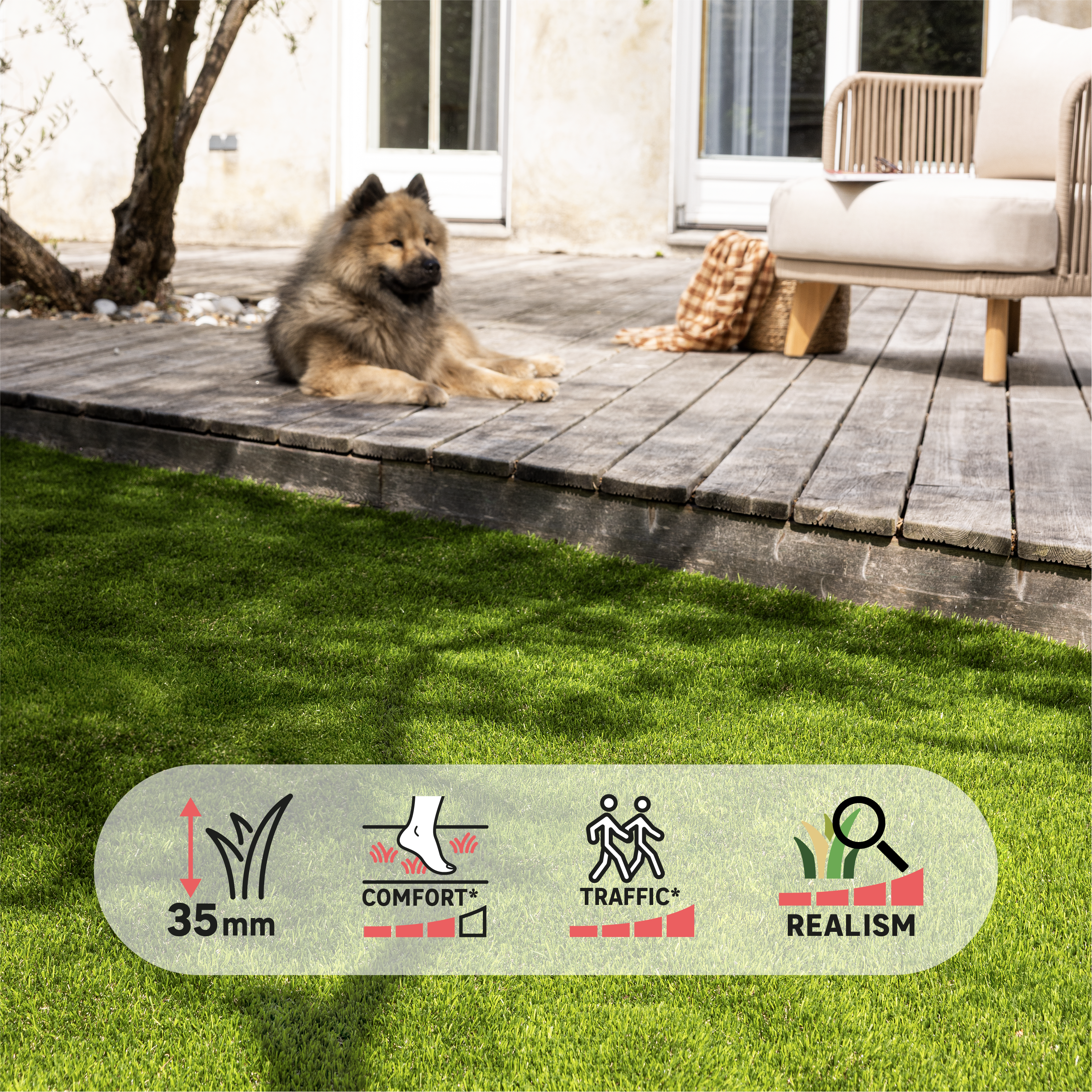 Rollo césped artificial NATERIAL Panamá 1x5m 35 mm de altura de fibras y 16800 puntadas m² - 16