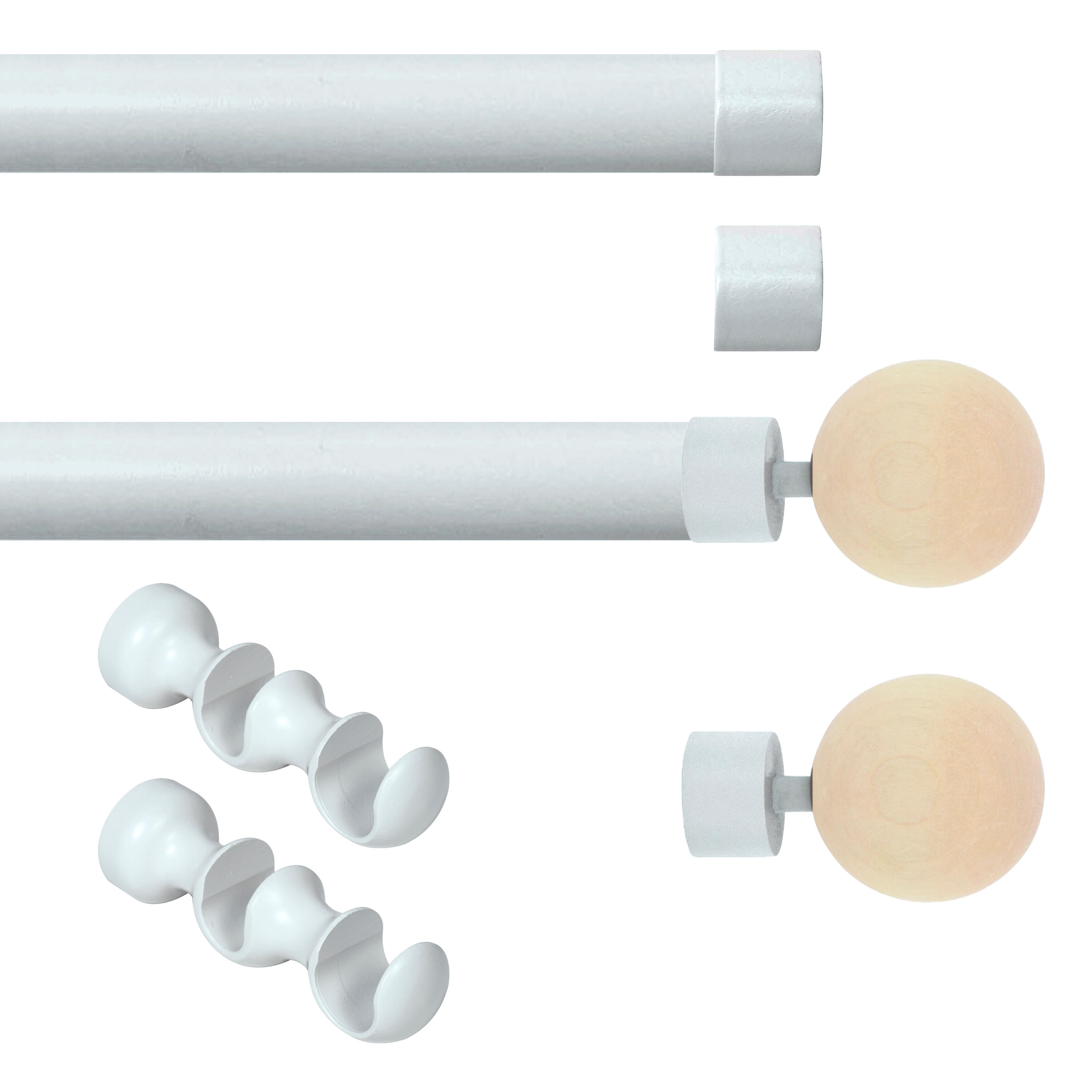 Set 2 barras de madera diámetro 28mm blanco a pared soporte doble 2.5 m inspire arce+tapón