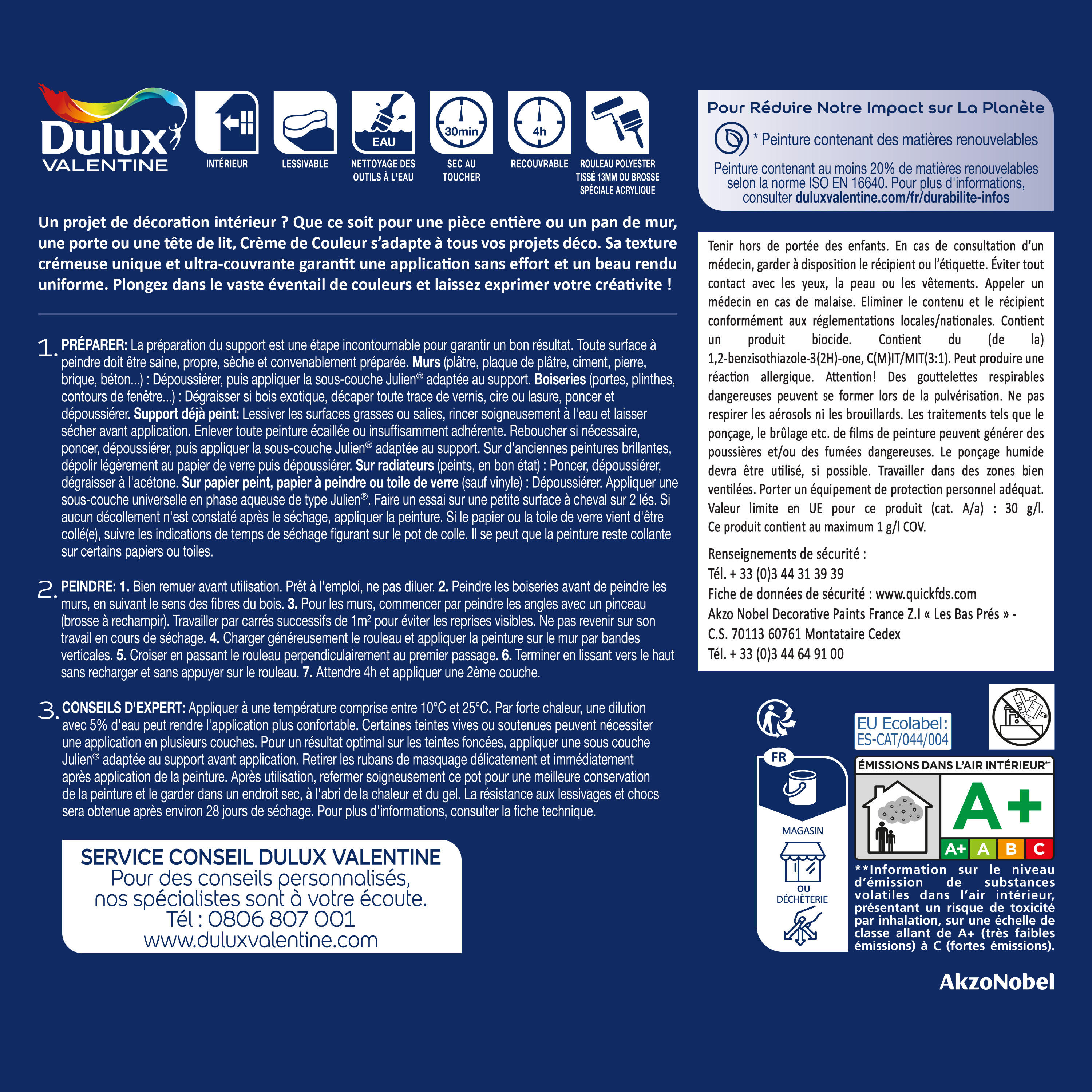 Peinture mur tomette velours DULUX VALENTINE Crème de couleur 0.5L - 5