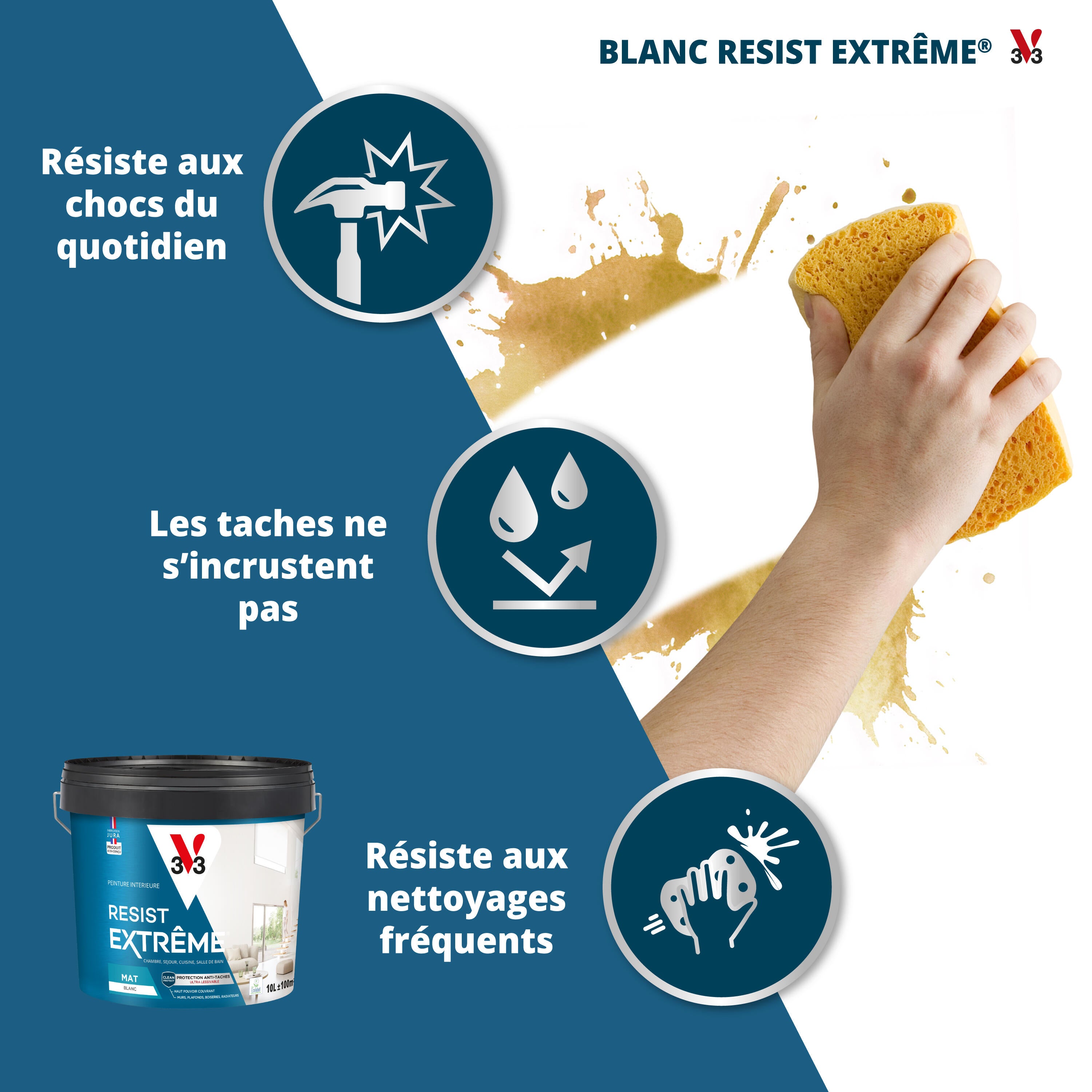 Peinture mur, plafond, boiserie blanc satin V33 Résist' extrême® 2.5L - 3