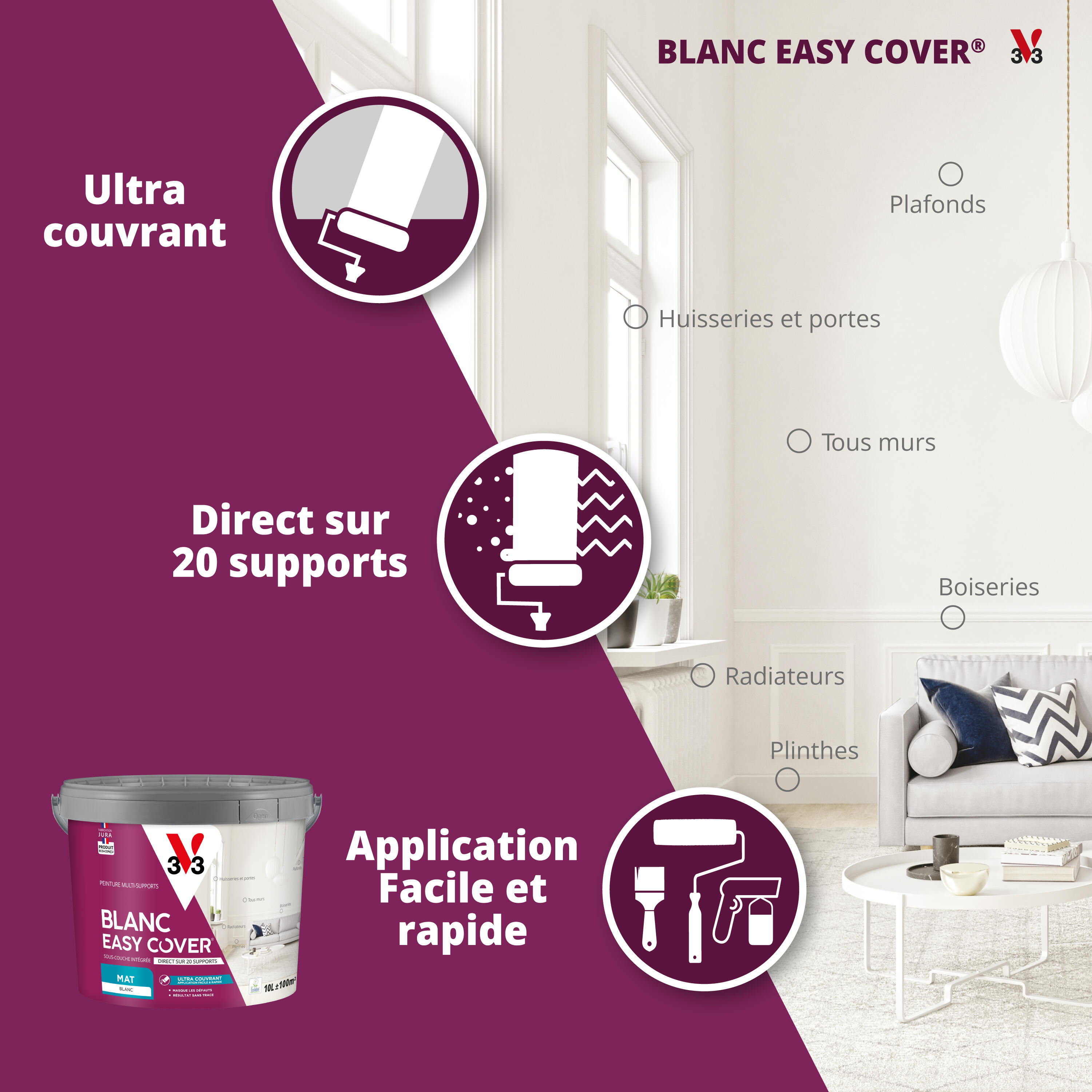 Peinture mur, plafond blanc mat V33 Easy cover® 2.5L - 2